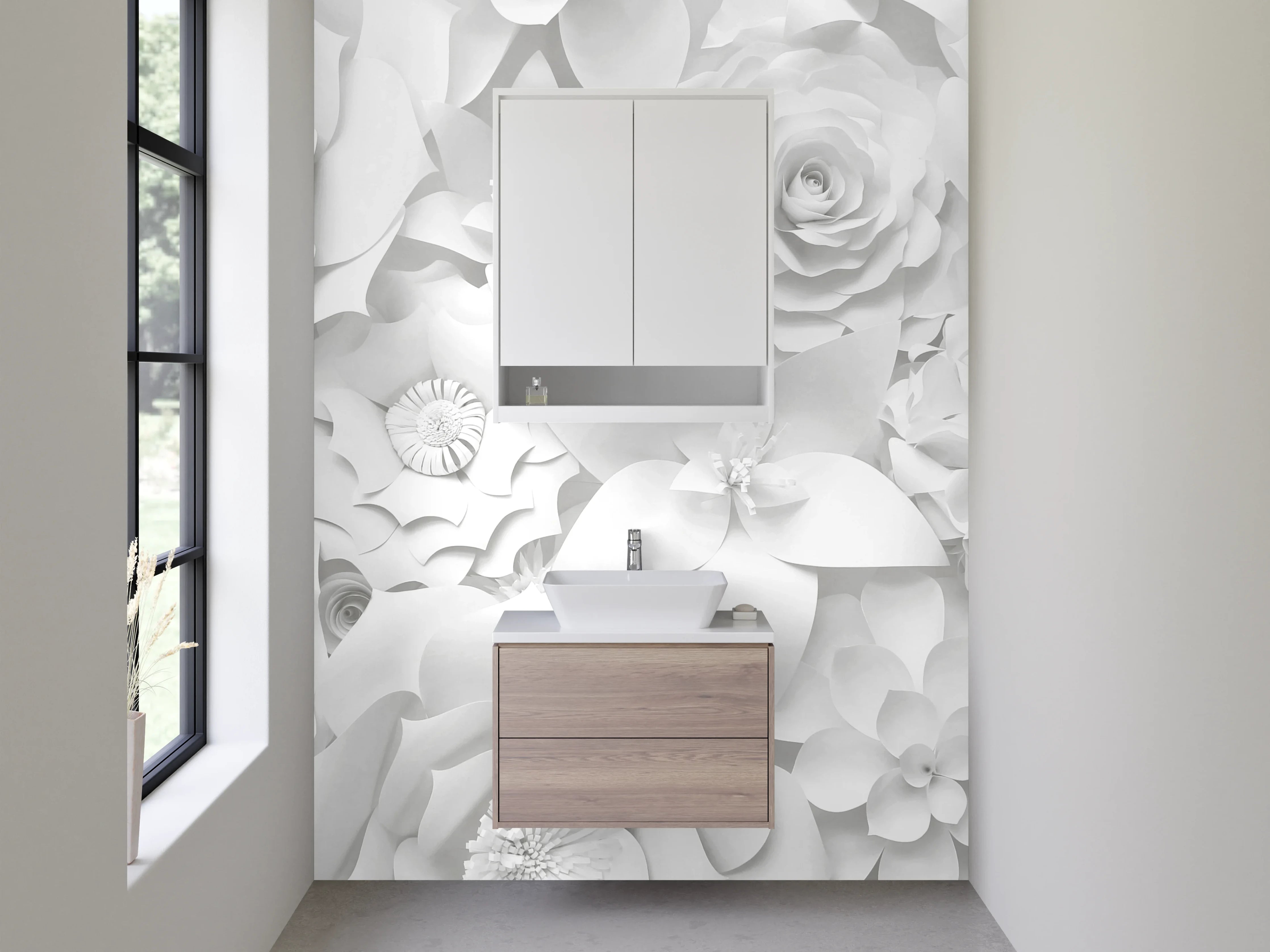 Waschbecken-Rückwand - Weiße Papierblumen 3D-Optik