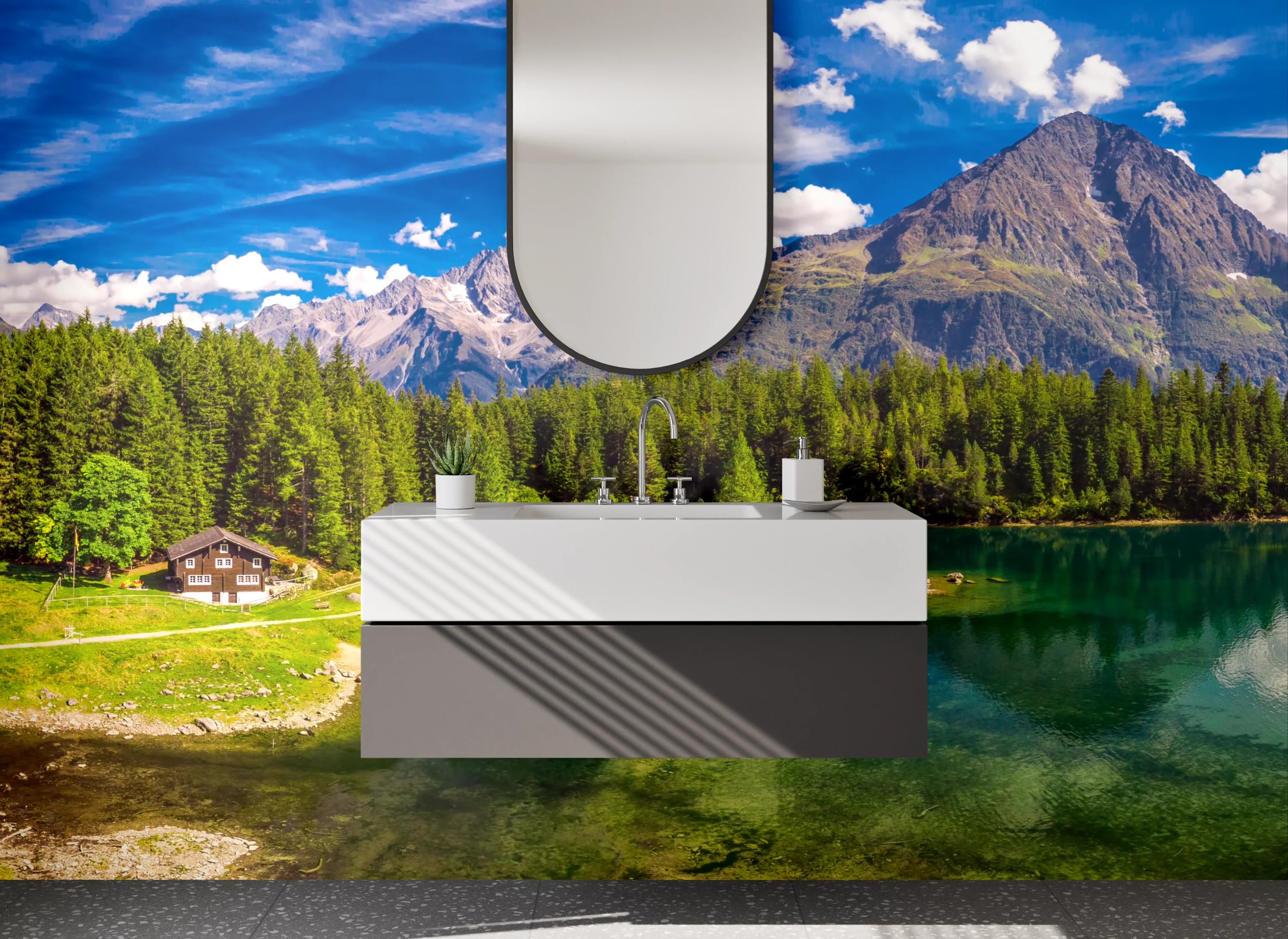 Waschbecken-Rückwand - Weiße See und Berge mit Grautönen