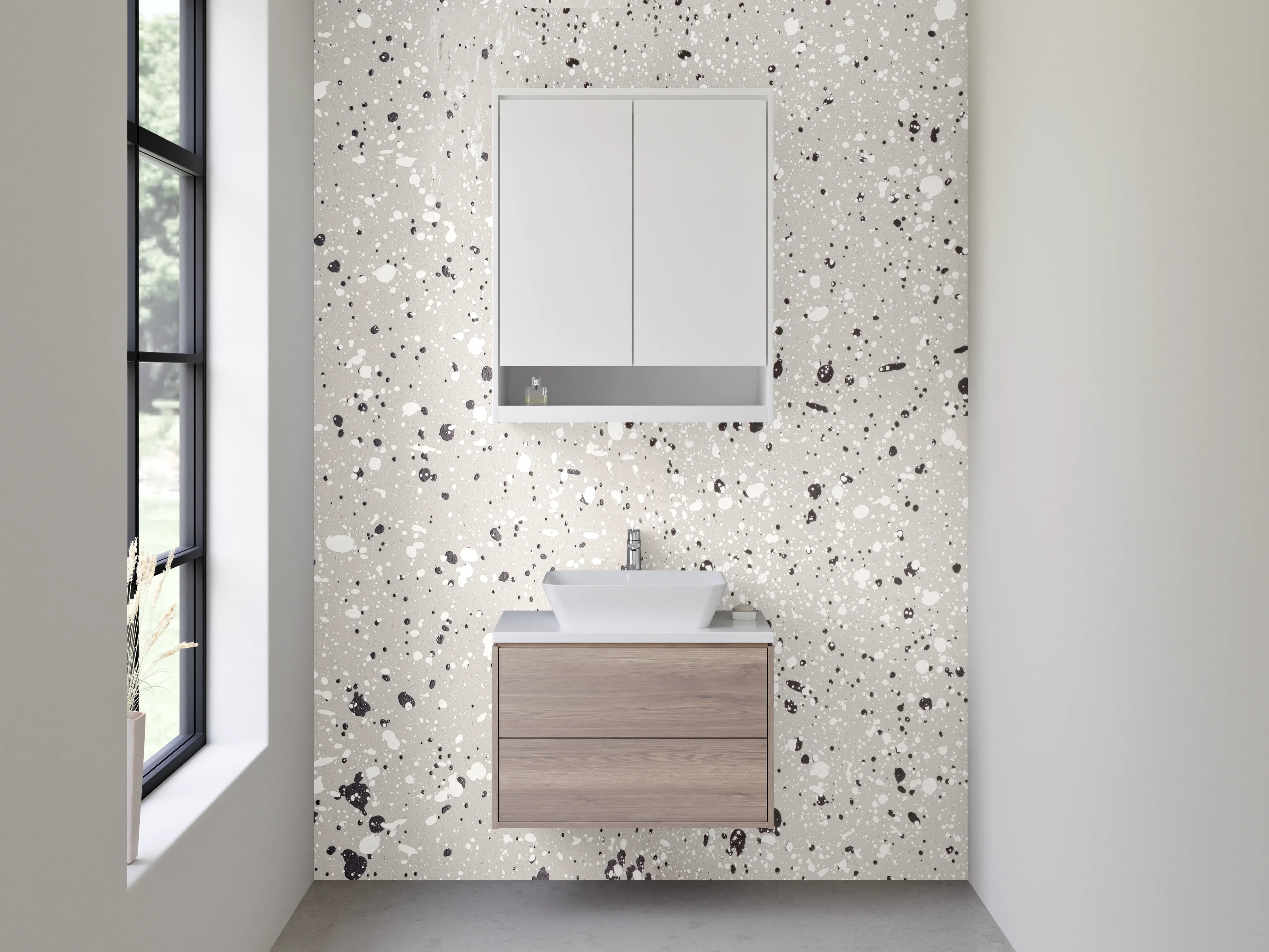 Waschbecken-Rückwand - Weiße Sprenkelmuster Betonoptik