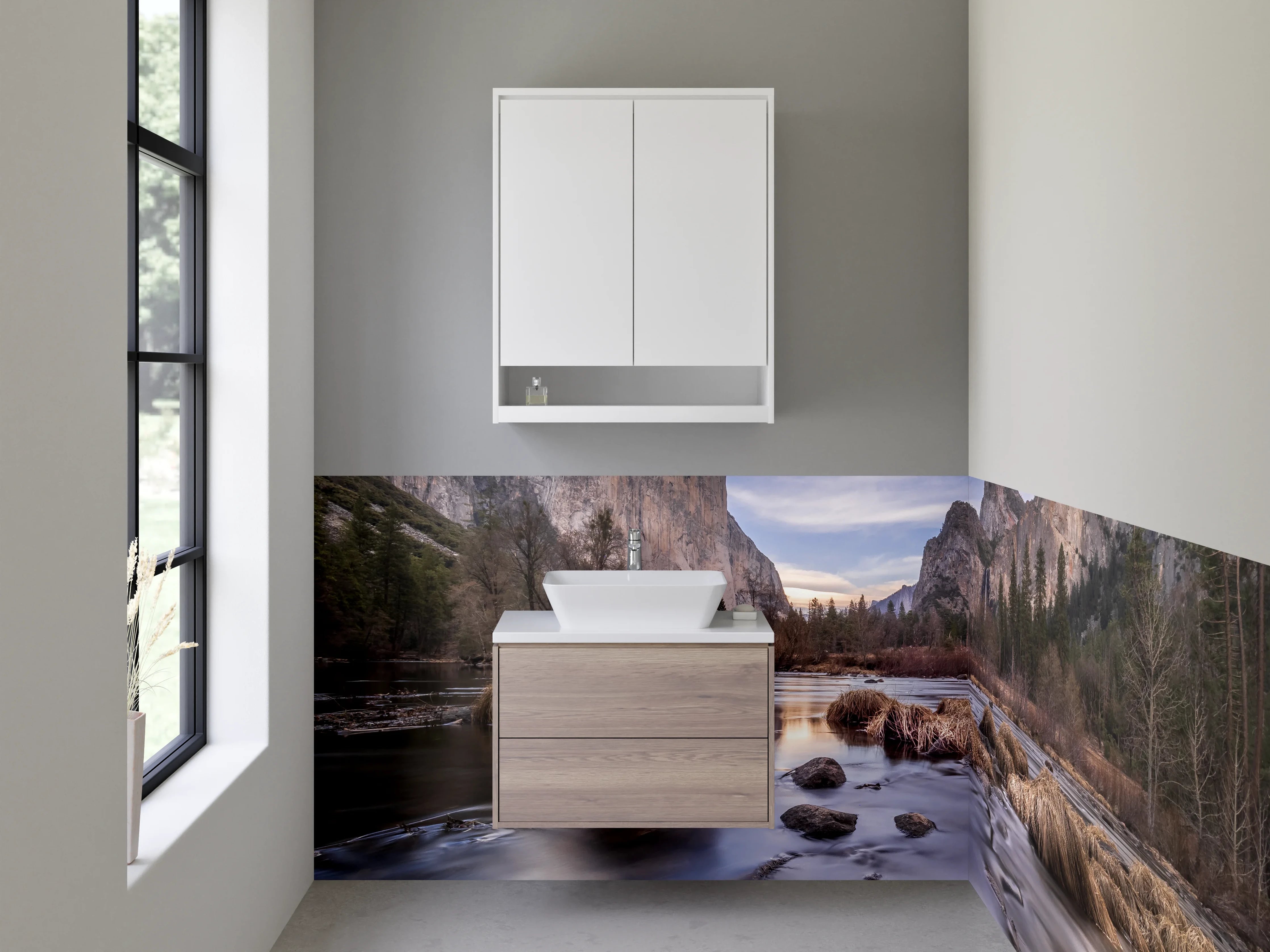 Waschbecken-Rückwand - Weiße Stein-Optik als Badezimmer-Highlight