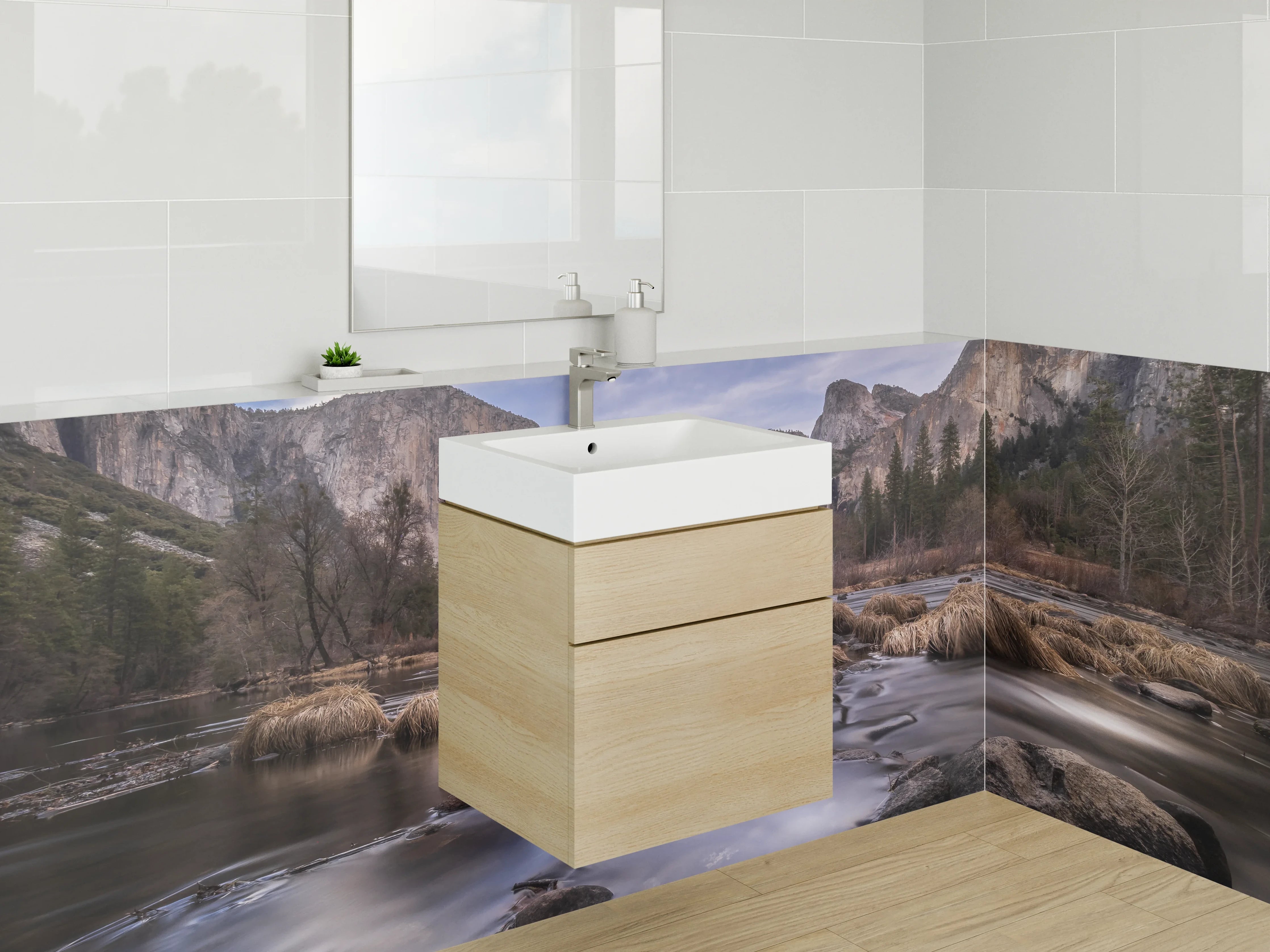Waschbecken-Rückwand - Weiße Stein-Optik als Badezimmer-Highlight