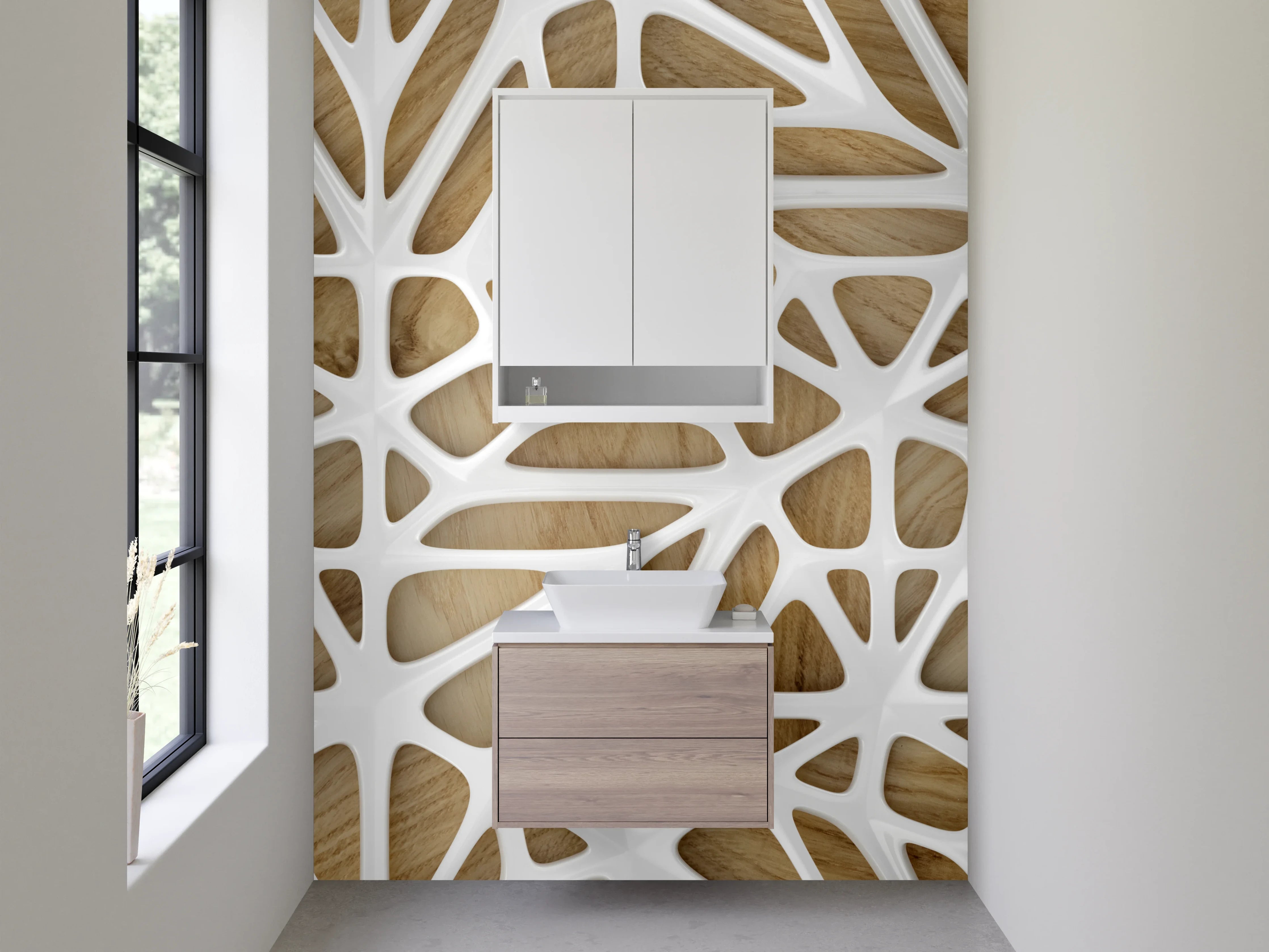 Waschbecken-Rückwand - Weiße Struktur mit Holzoptik