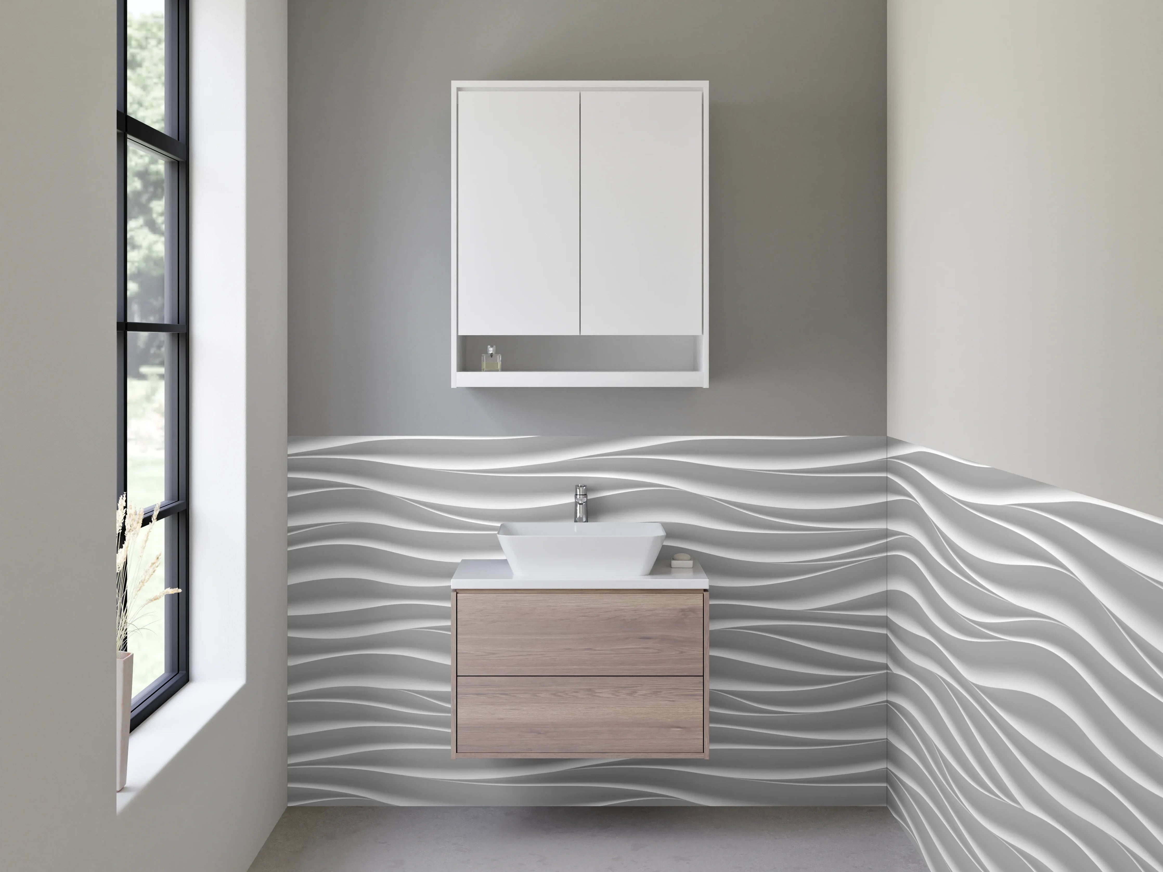 Waschbecken-Rückwand - Weiße Styling-Wand mit eleganten Wellenmuster