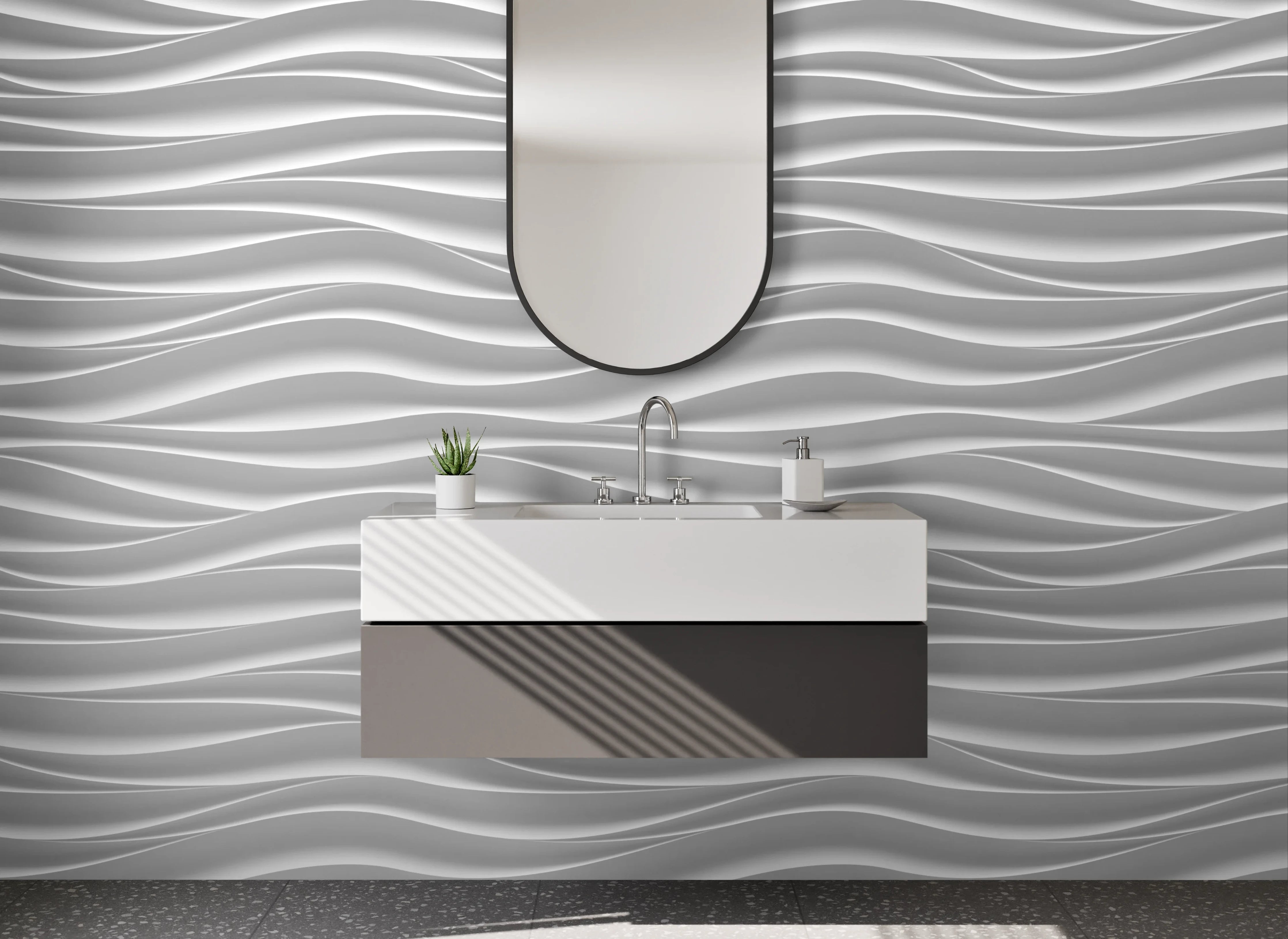 Waschbecken-Rückwand - Weiße Styling-Wand mit eleganten Wellenmuster