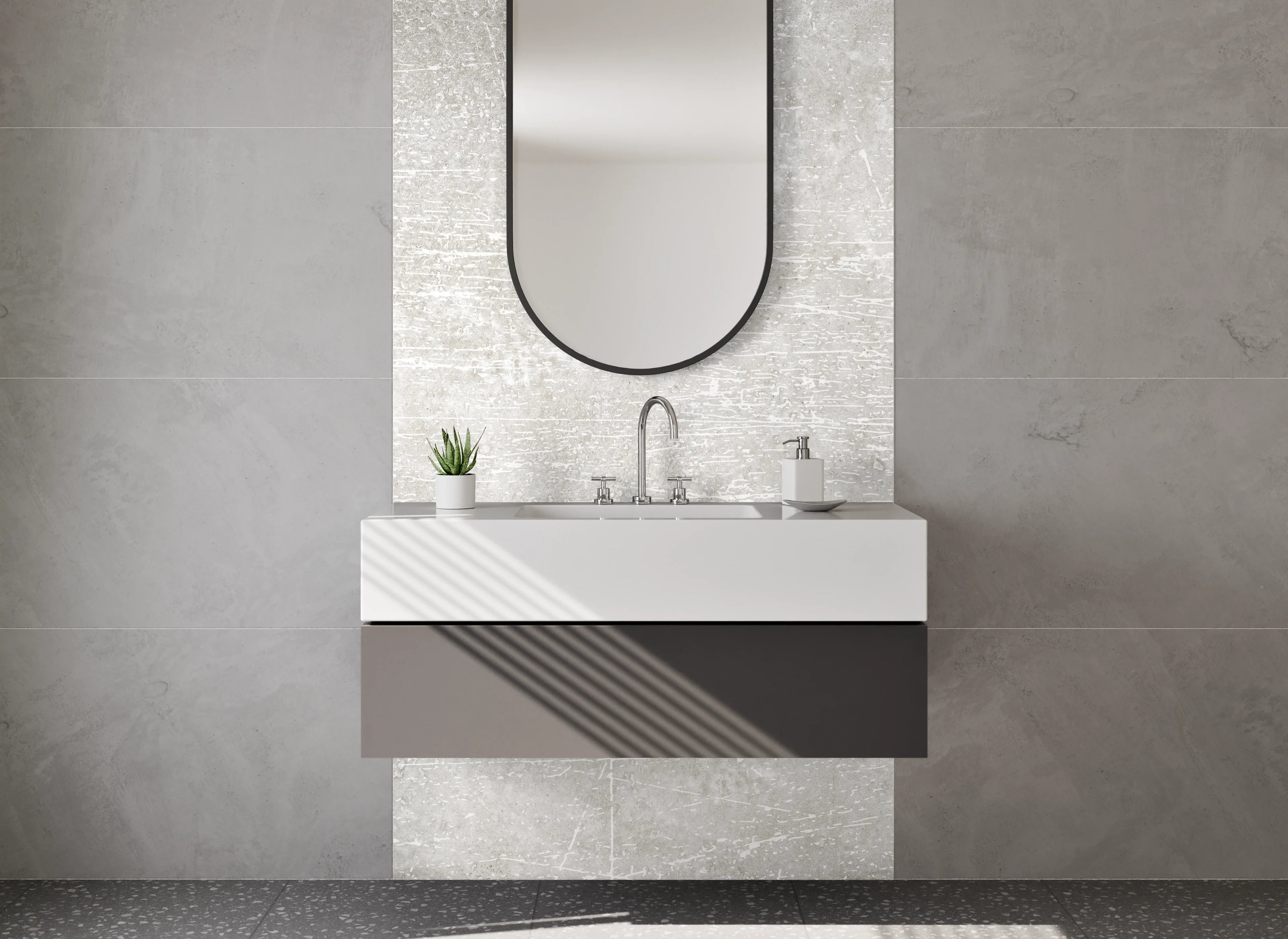 Waschbecken-Rückwand - Weiße Vintage Betonoptik Fliesen-Design
