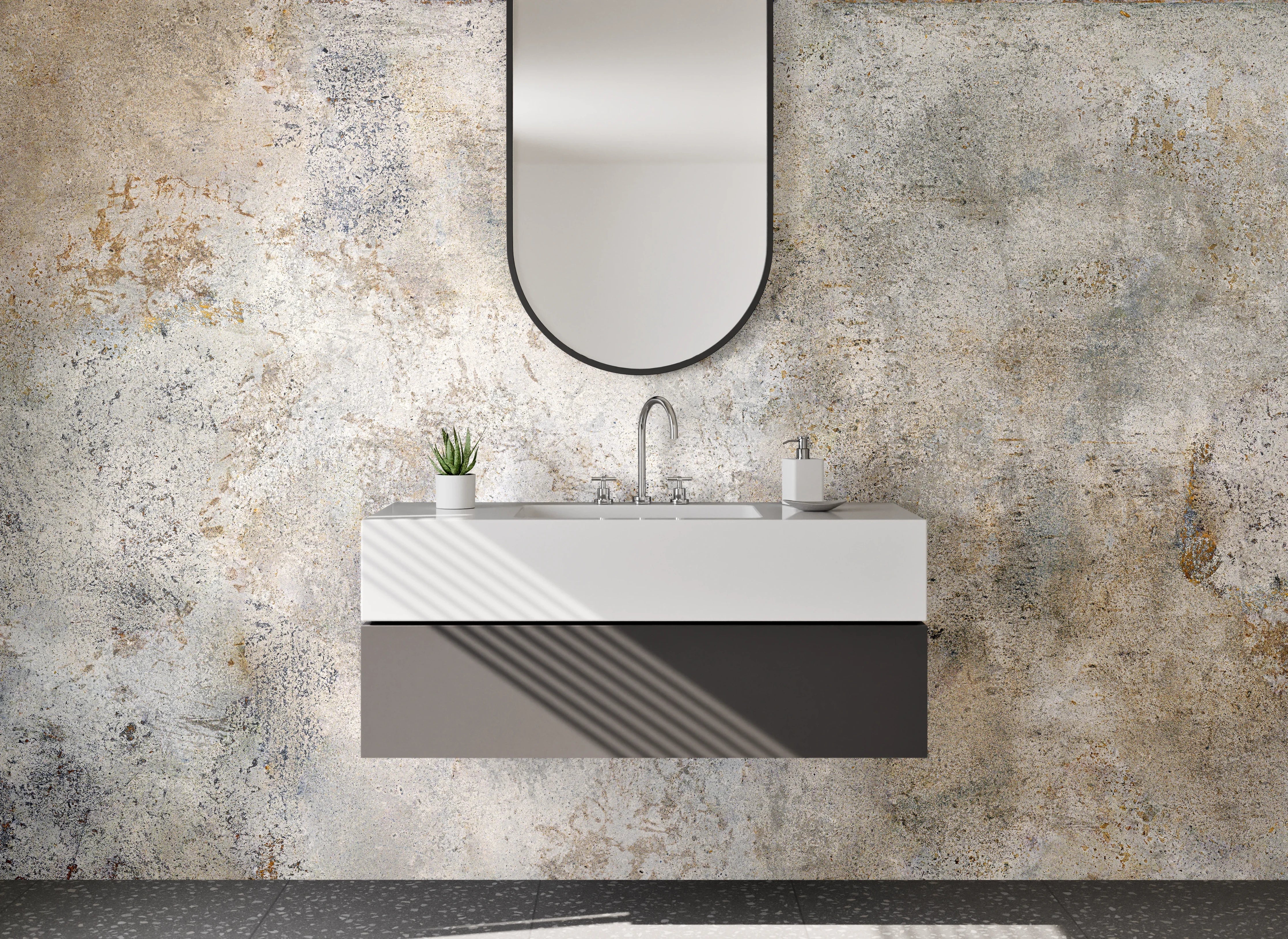Waschbecken-Rückwand - Weiße Vintage Betonoptik Wand