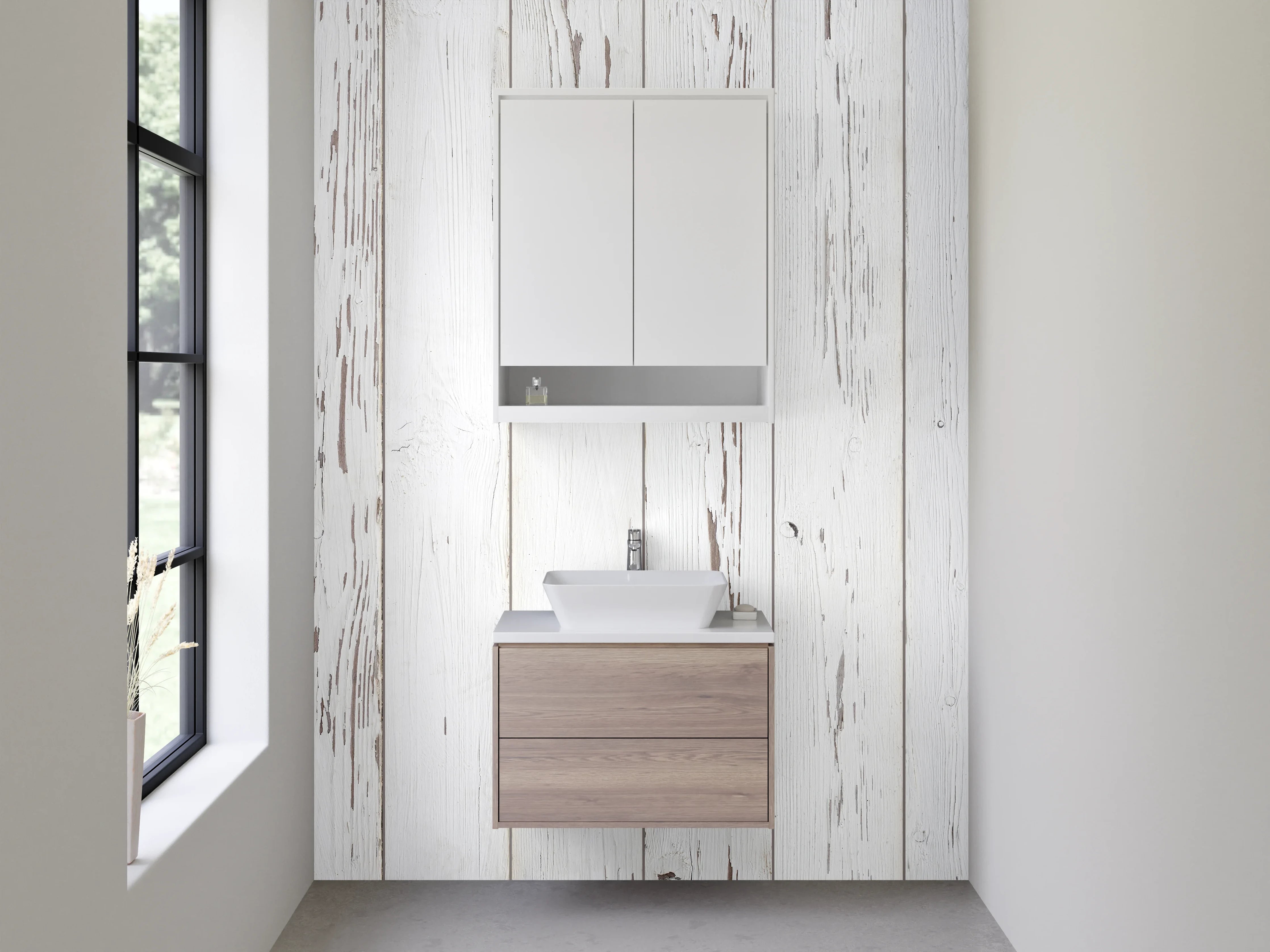 Waschbecken-Rückwand - Weiße Vintage-Holzoptik für Rückwände