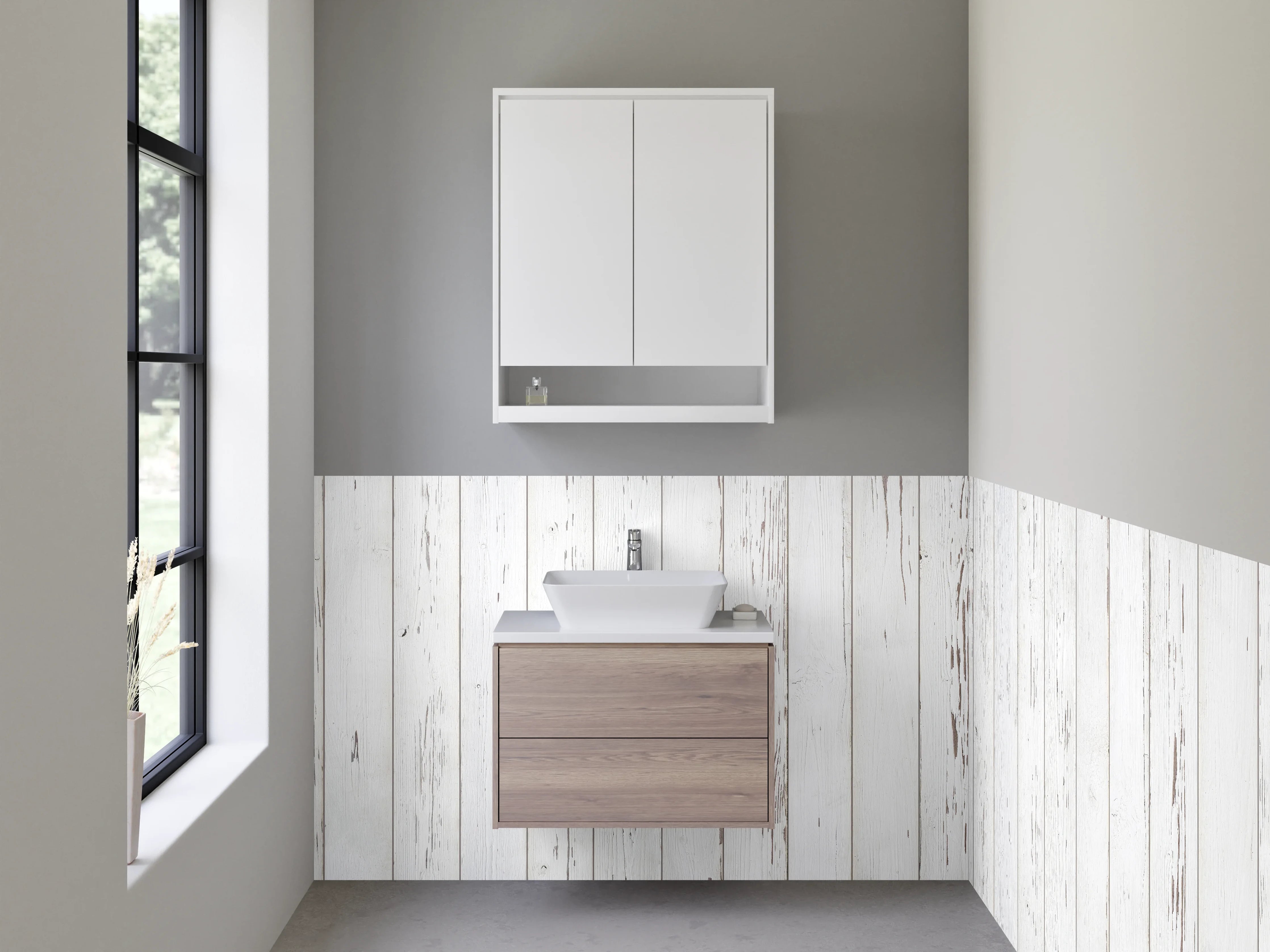 Waschbecken-Rückwand - Weiße Vintage-Holzoptik für Rückwände