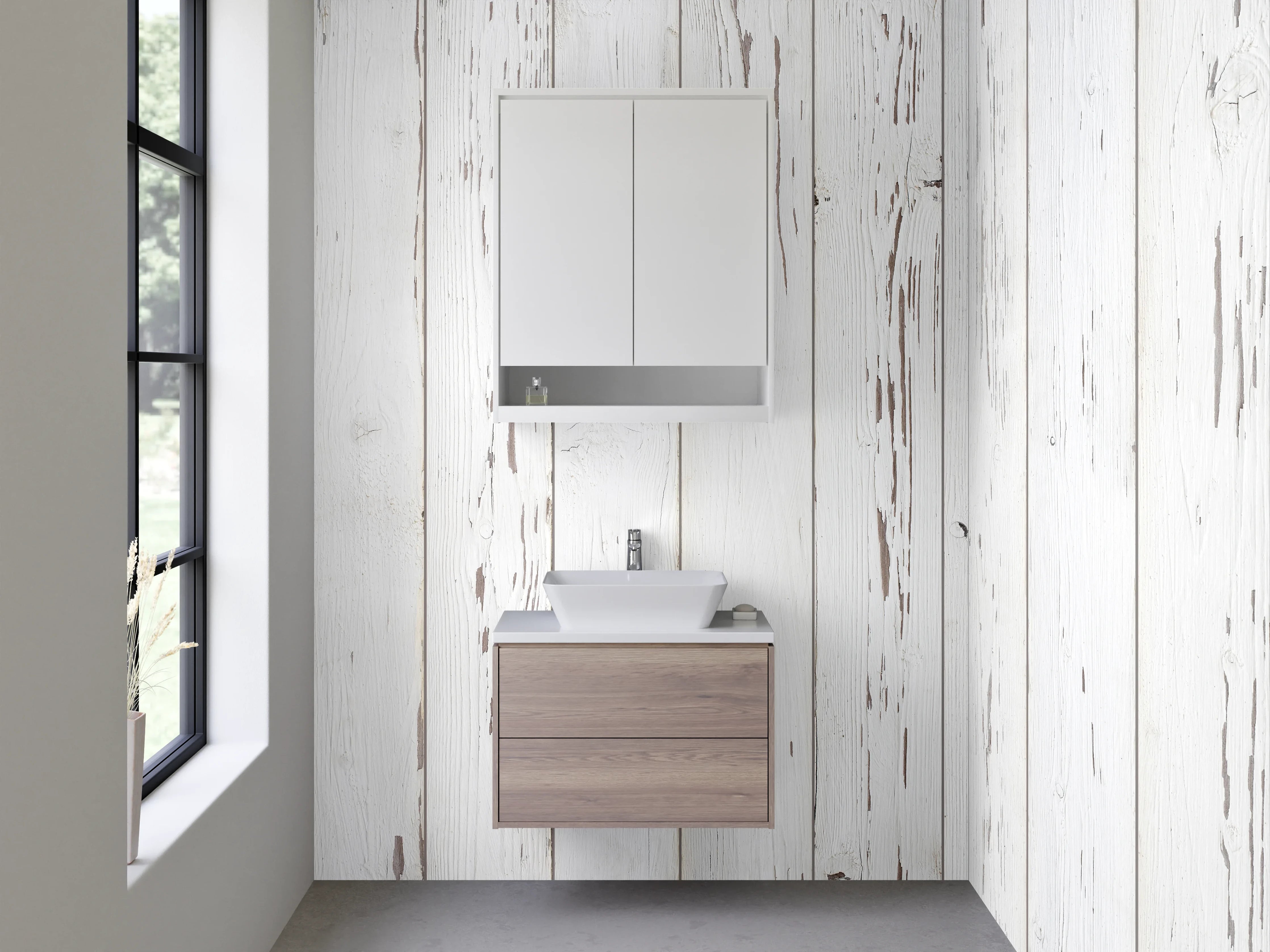 Waschbecken-Rückwand - Weiße Vintage-Holzoptik für Rückwände