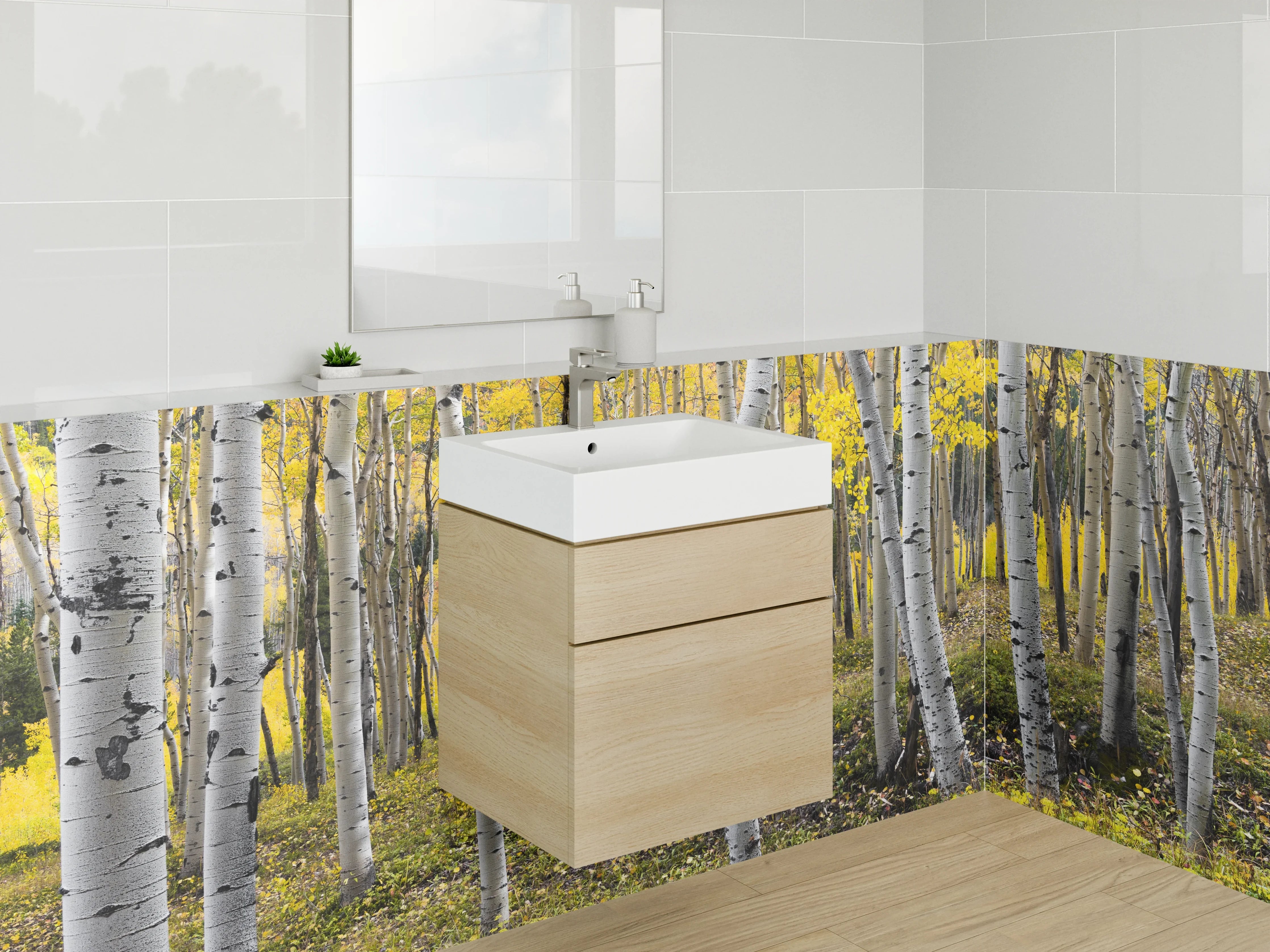 Waschbecken-Rückwand - Weiße Waldlandschaft mit Gelb