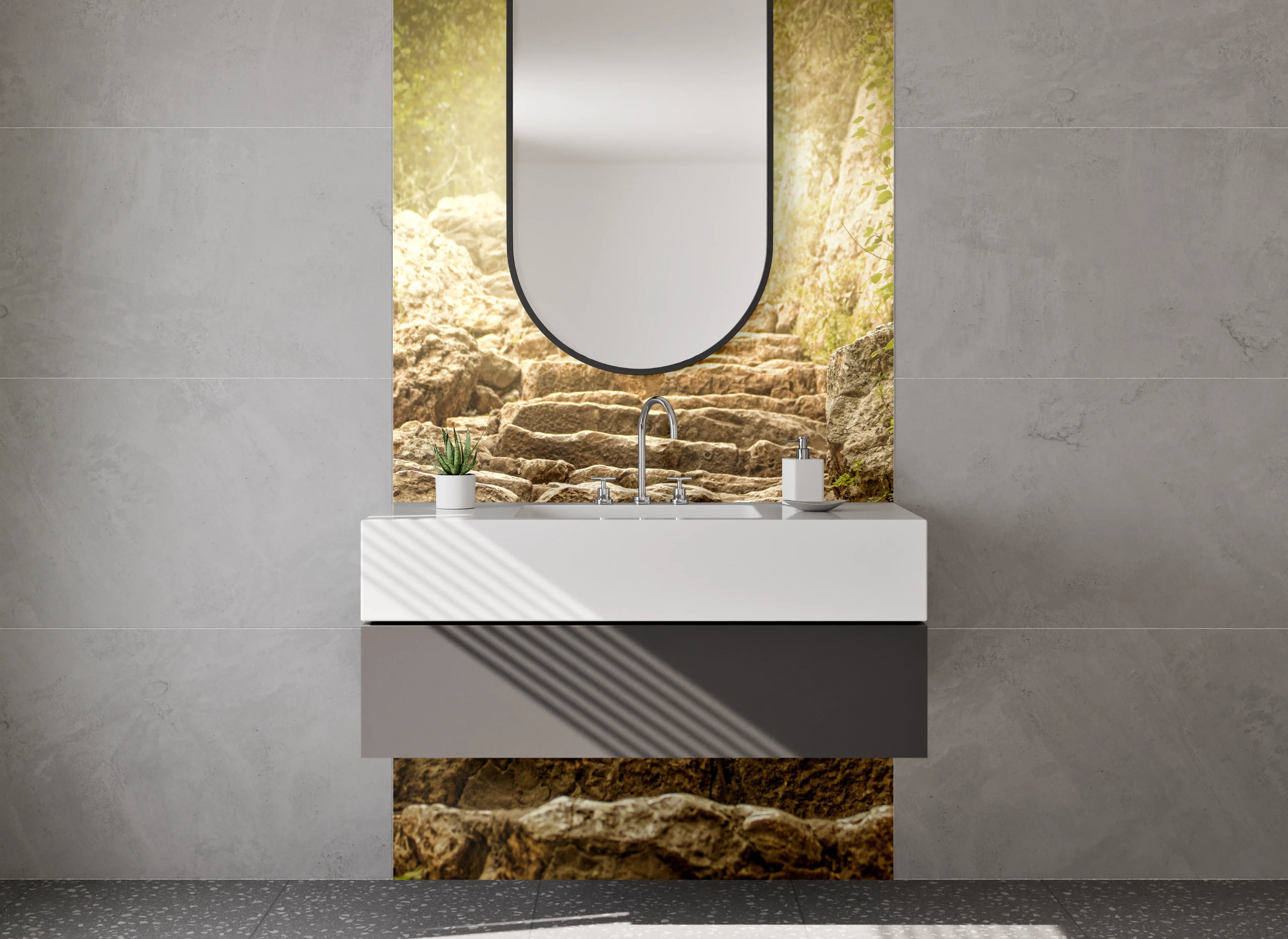 Waschbecken-Rückwand - Weiße Wand mit Betonoptik
