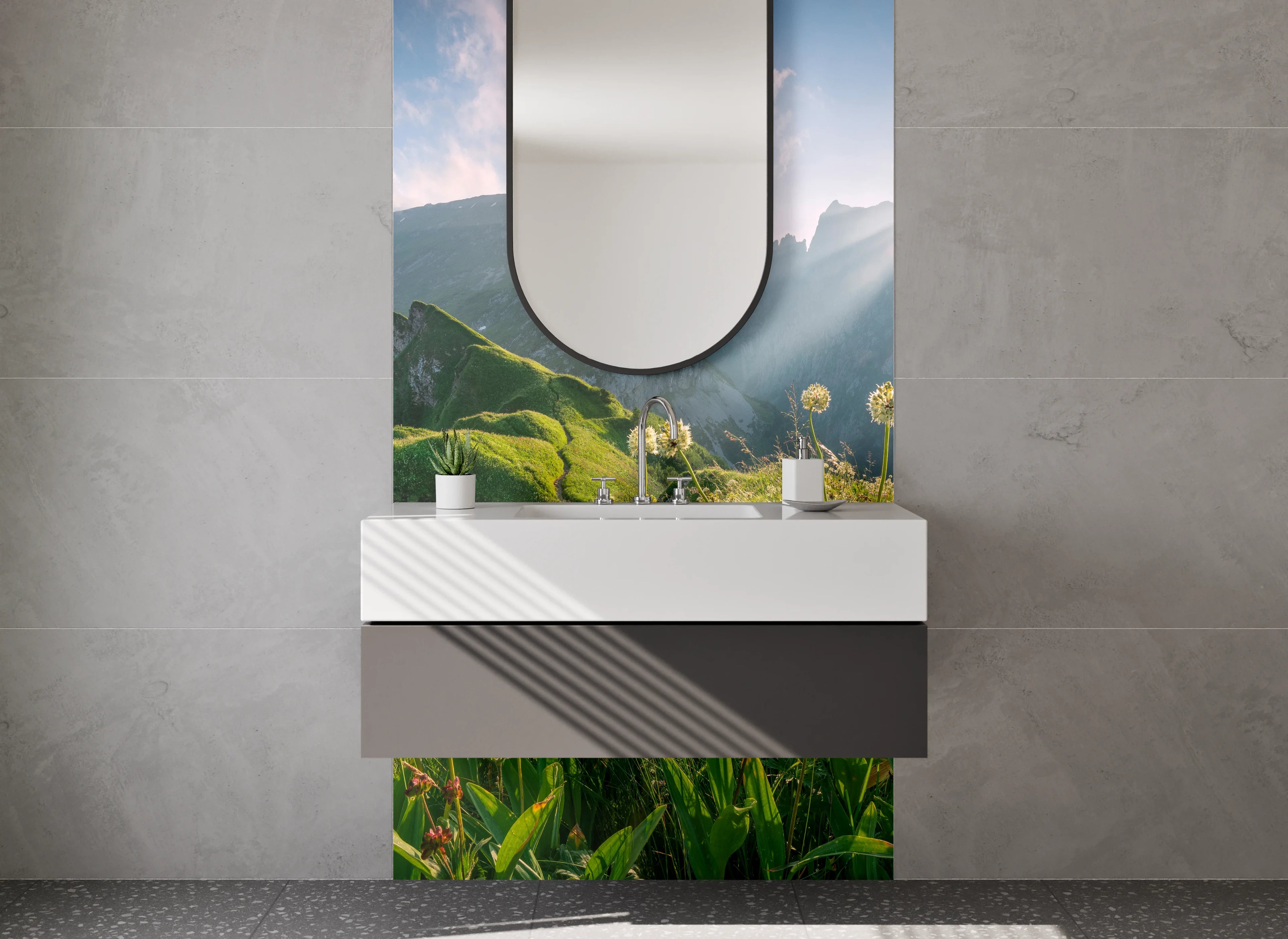 Waschbecken-Rückwand - Weiße Wand mit Grautönen