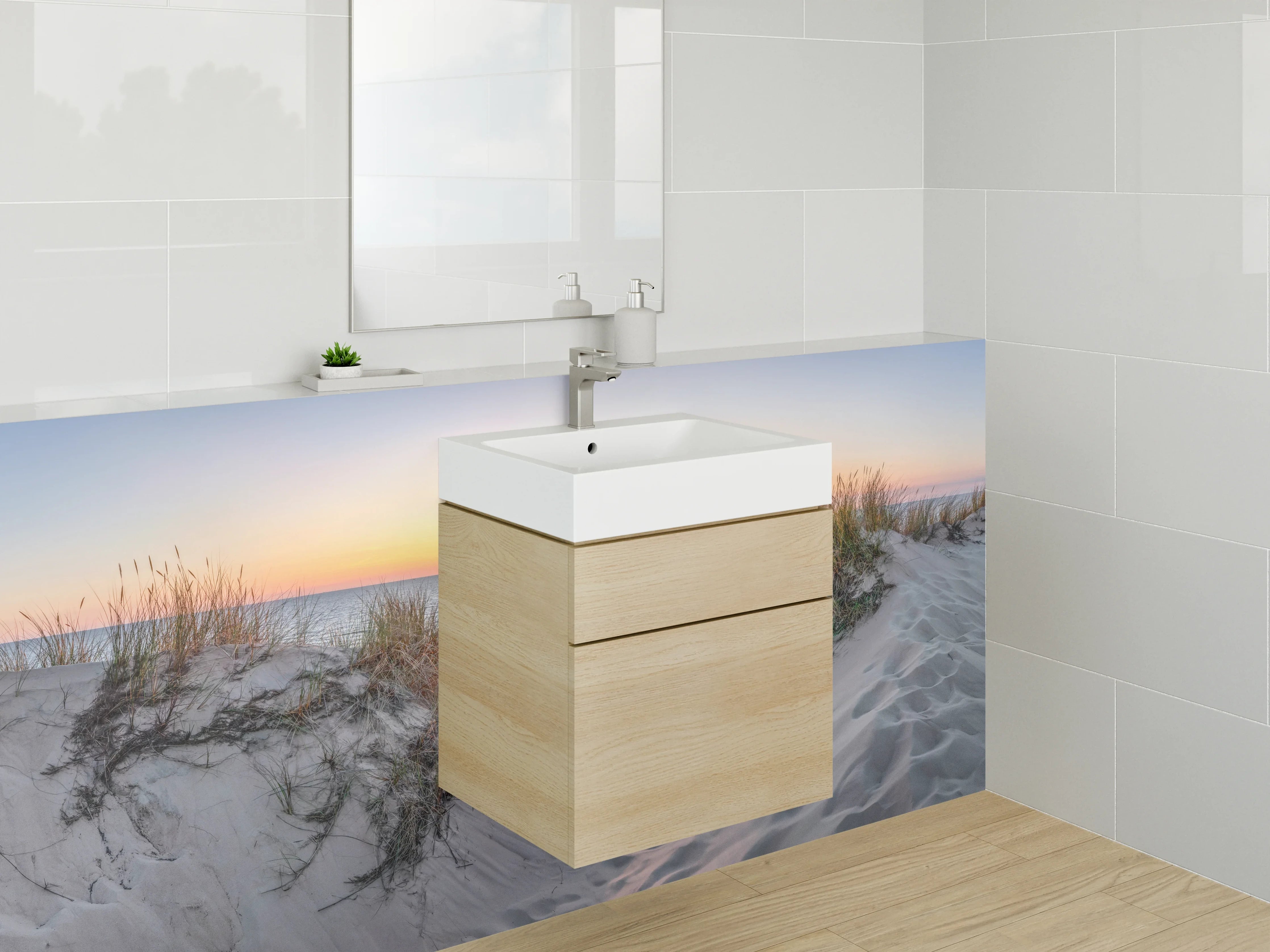 Waschbecken-Rückwand - Weiße Wand mit Grautönen für dein Bad