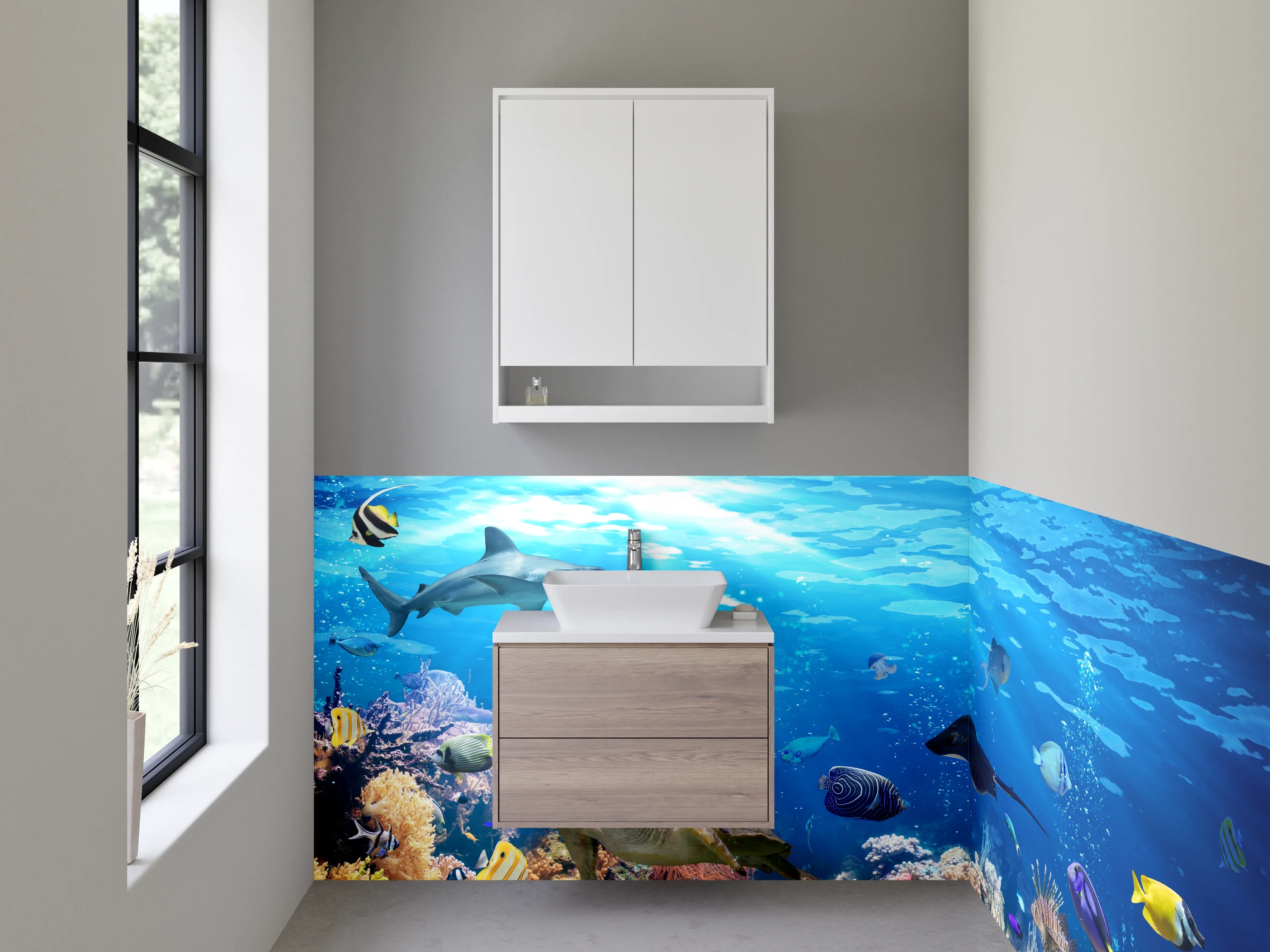 Waschbecken-Rückwand - Weiße Wand mit Grautönen für modernes Badezimmer