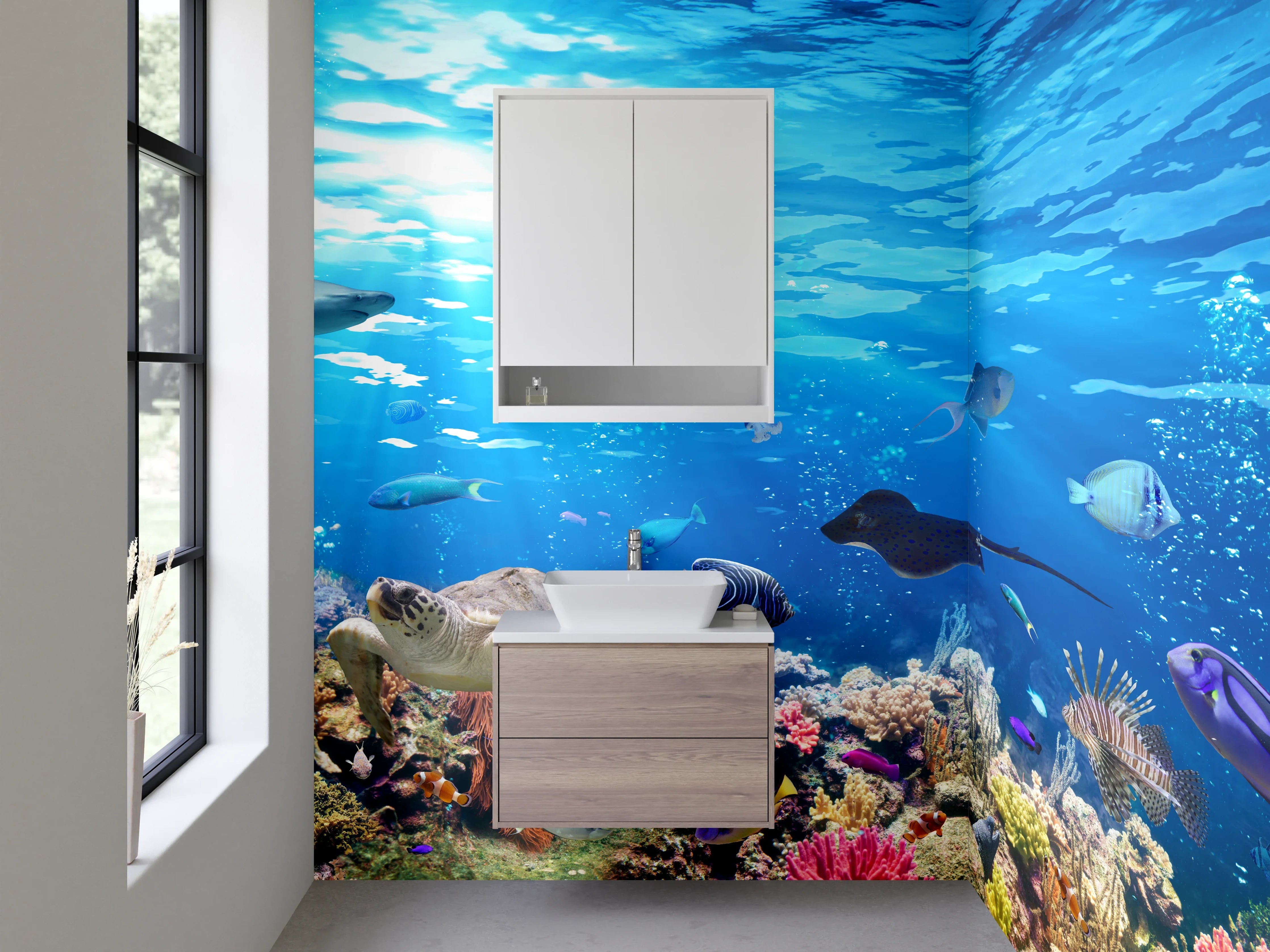 Waschbecken-Rückwand - Weiße Wand mit Grautönen für modernes Badezimmer