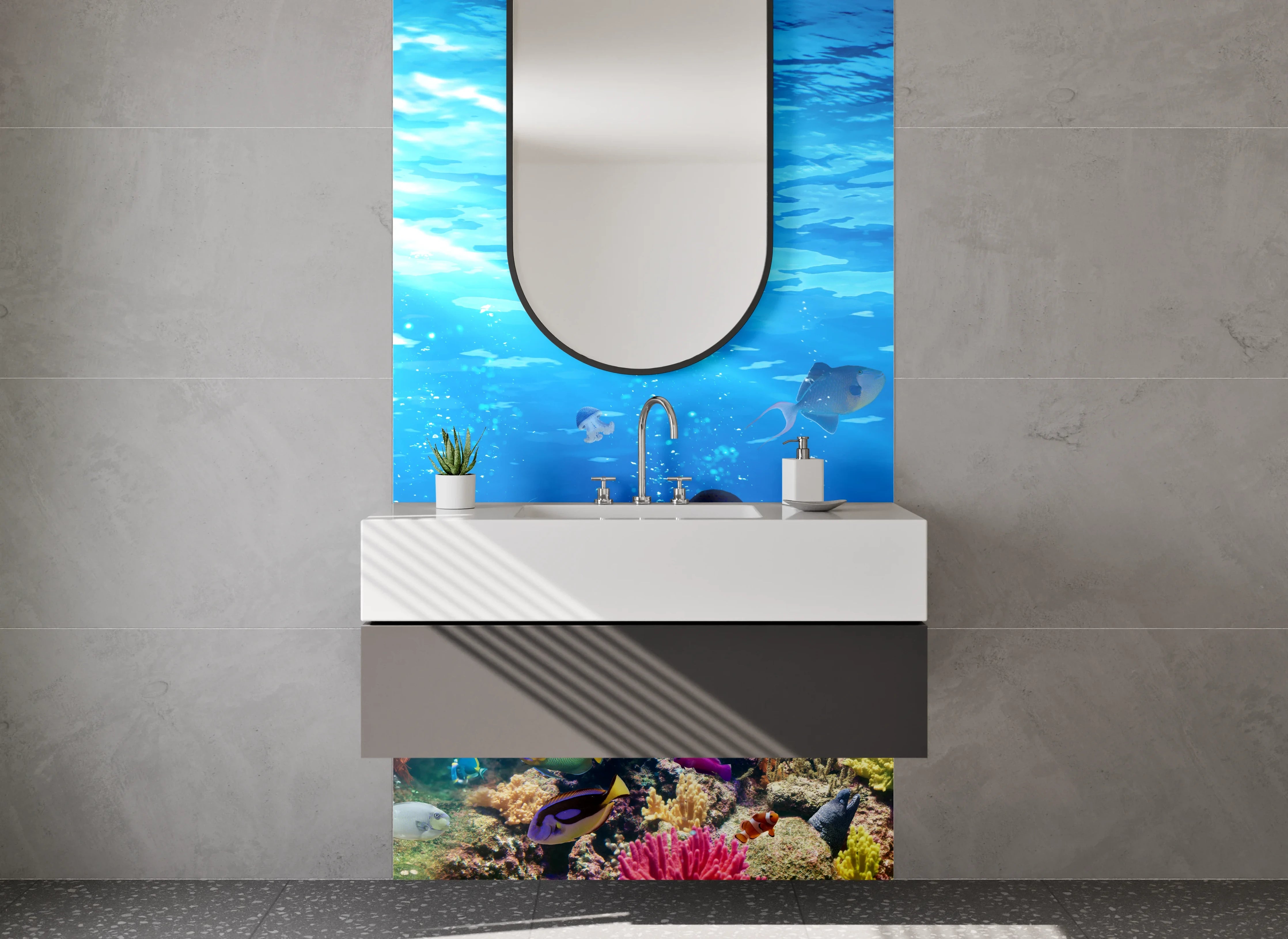 Waschbecken-Rückwand - Weiße Wand mit Grautönen für modernes Badezimmer
