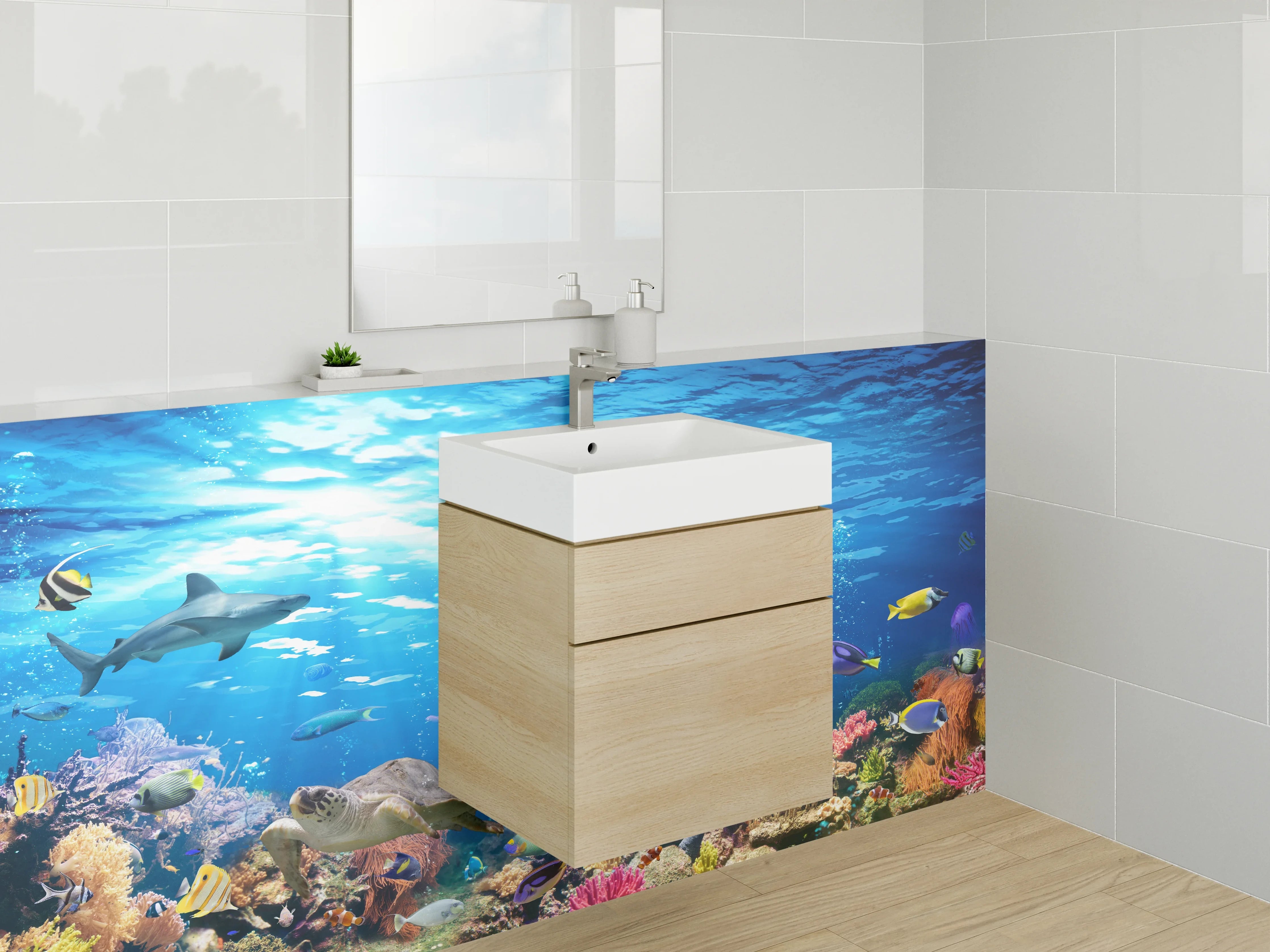 Waschbecken-Rückwand - Weiße Wand mit Grautönen für modernes Badezimmer