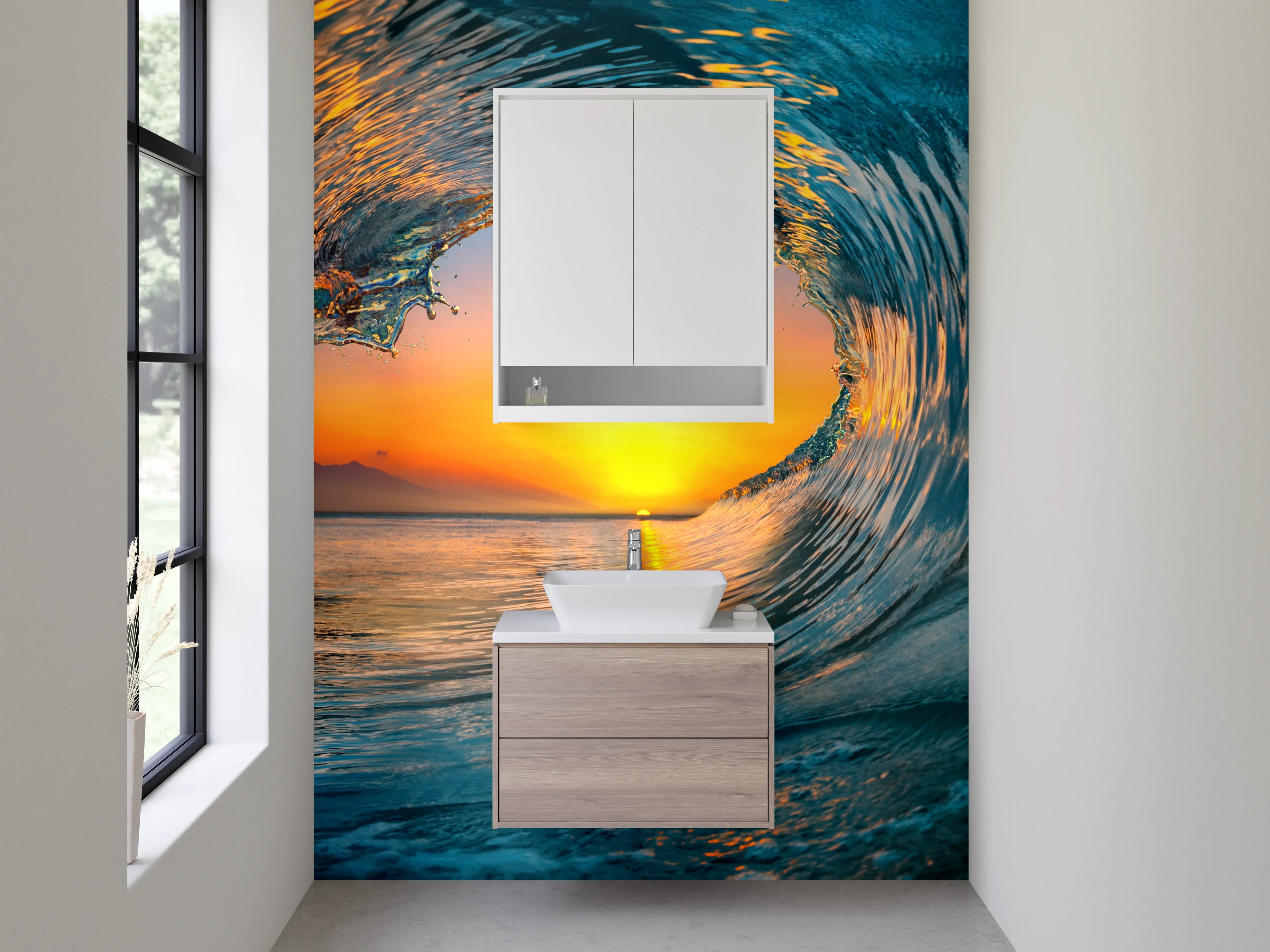 Waschbecken-Rückwand - Weiße Wand mit Grautönen und Wasser