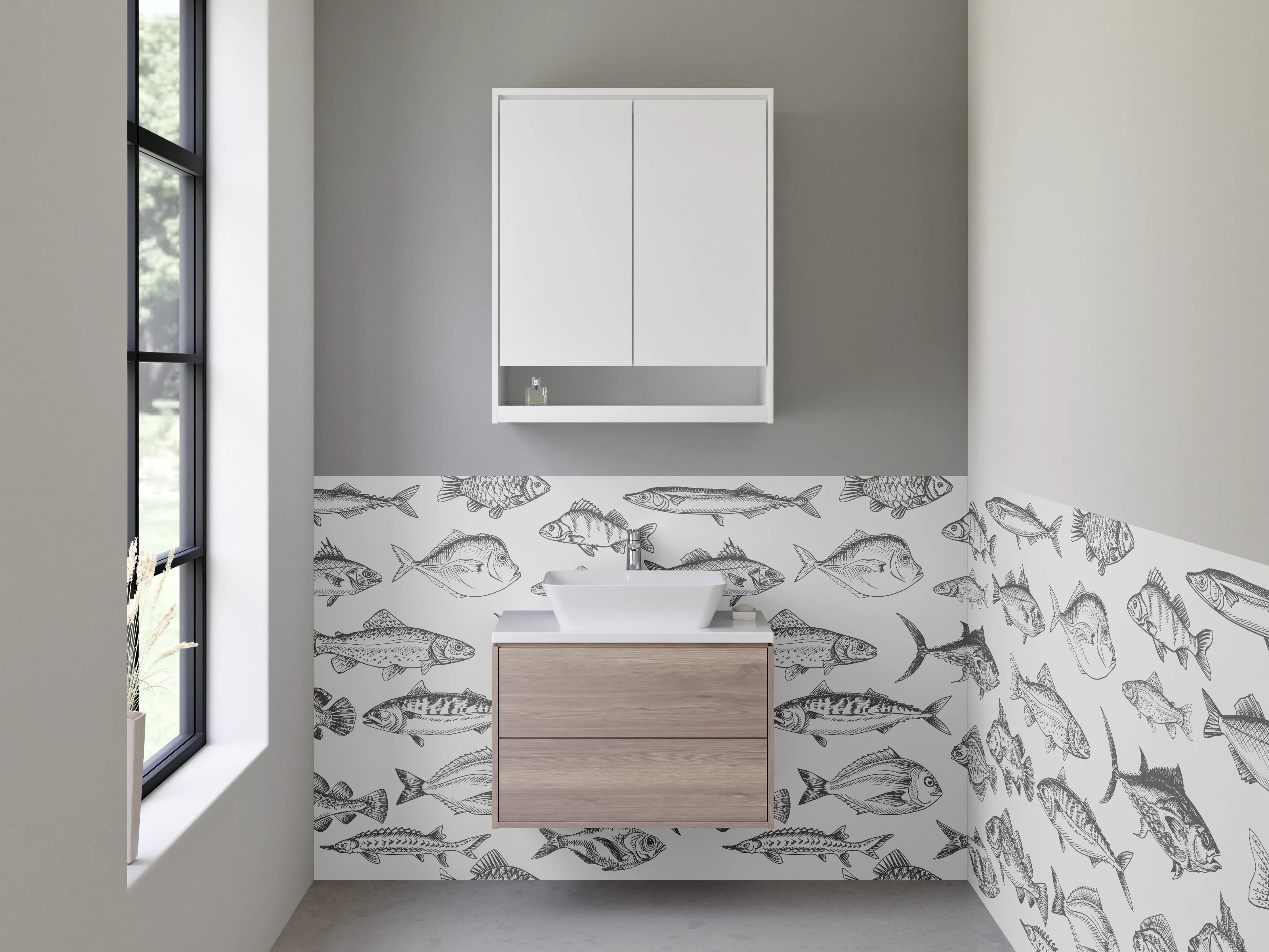 Waschbecken-Rückwand - Weiße Wand mit grauen Fischmustern