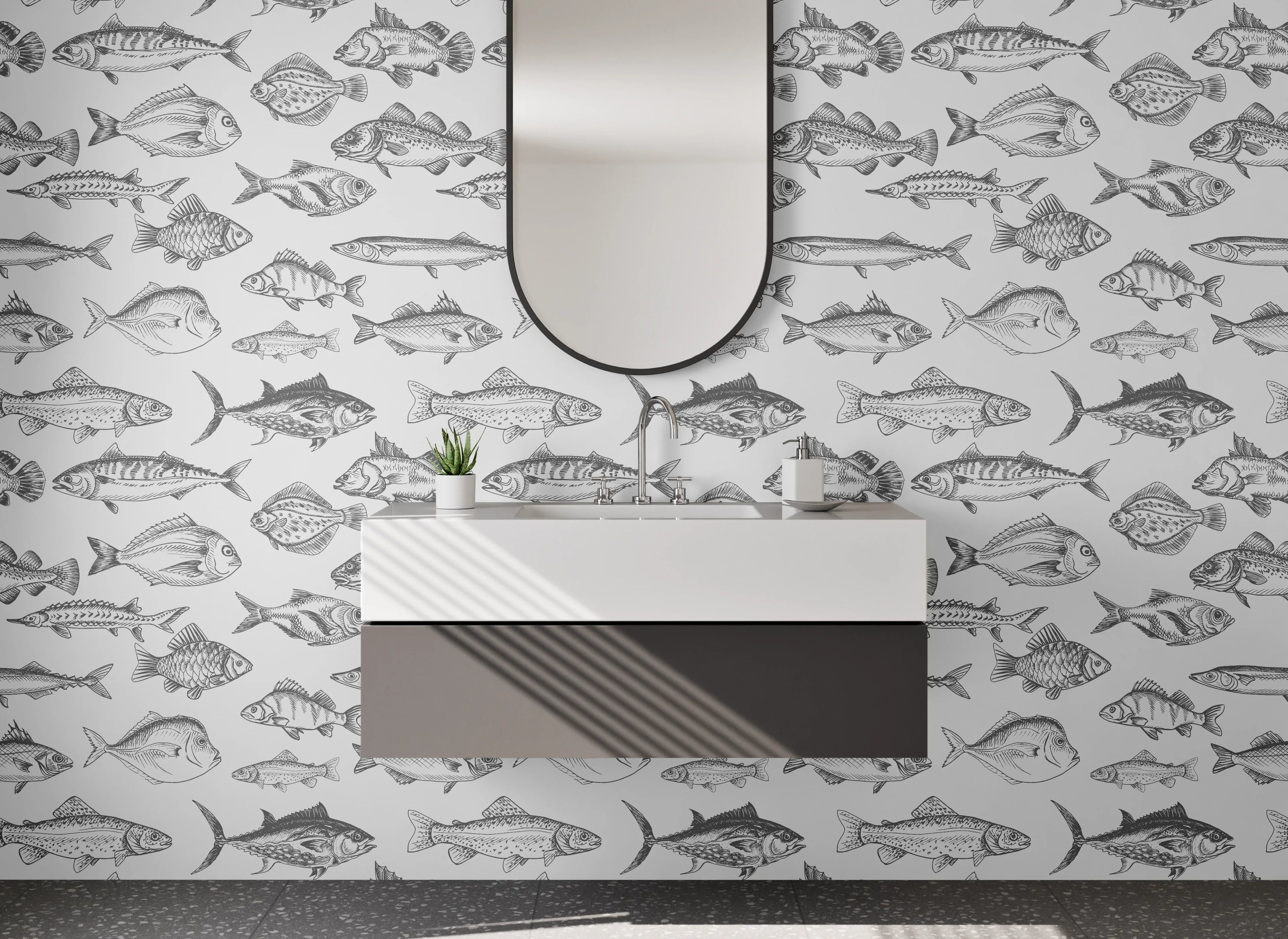 Waschbecken-Rückwand - Weiße Wand mit grauen Fischmustern