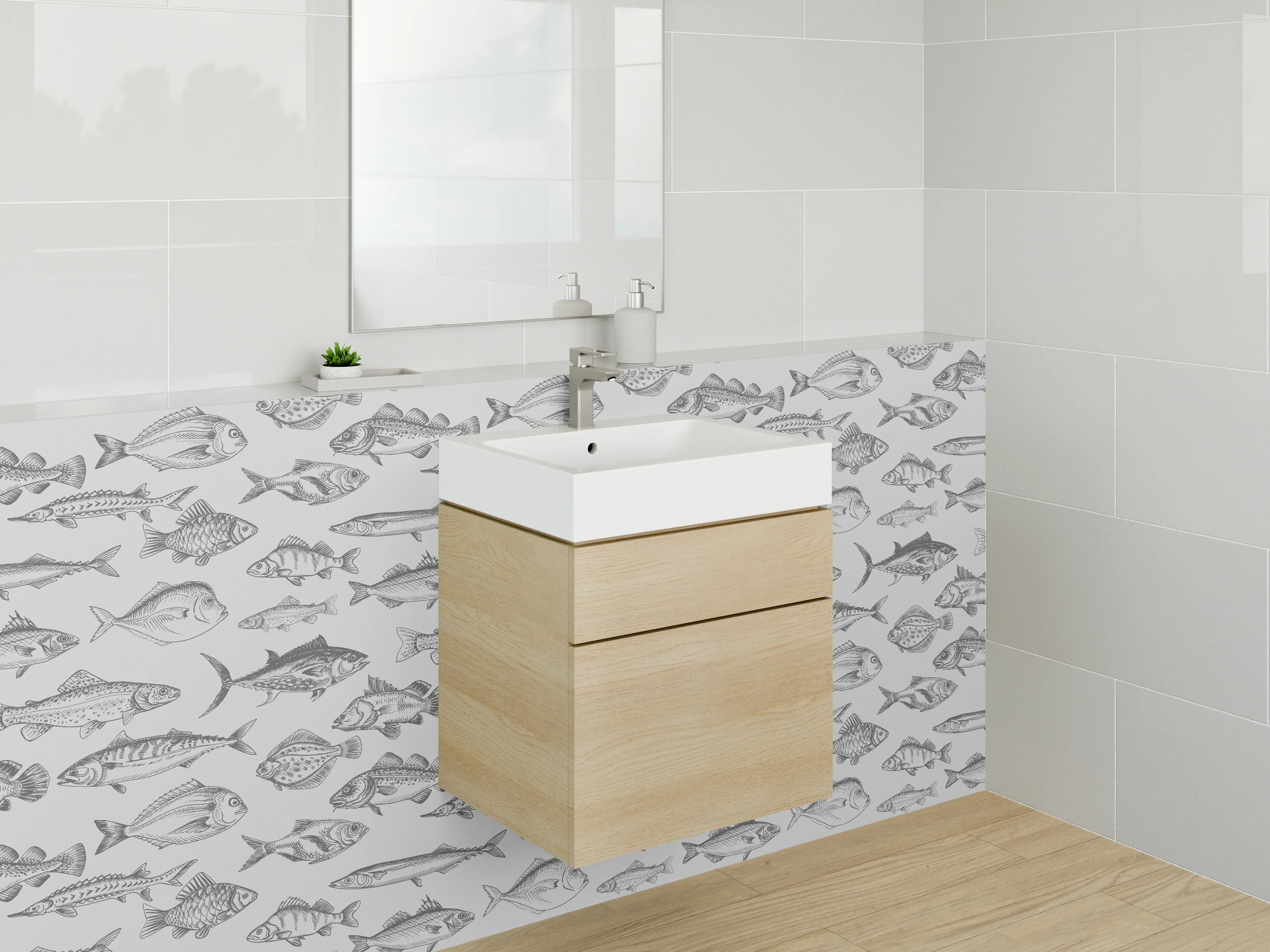 Waschbecken-Rückwand - Weiße Wand mit grauen Fischmustern