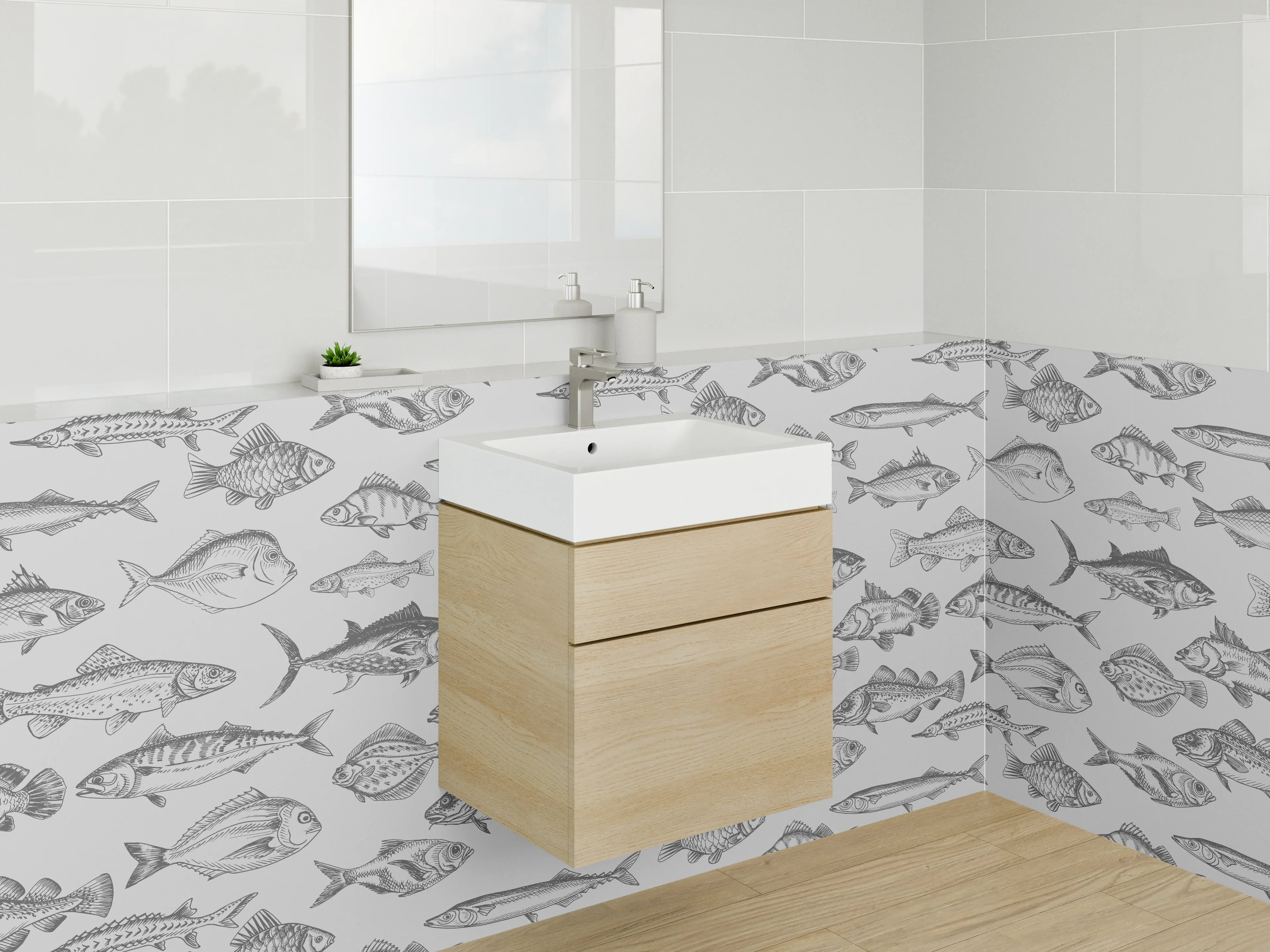 Waschbecken-Rückwand - Weiße Wand mit grauen Fischmustern