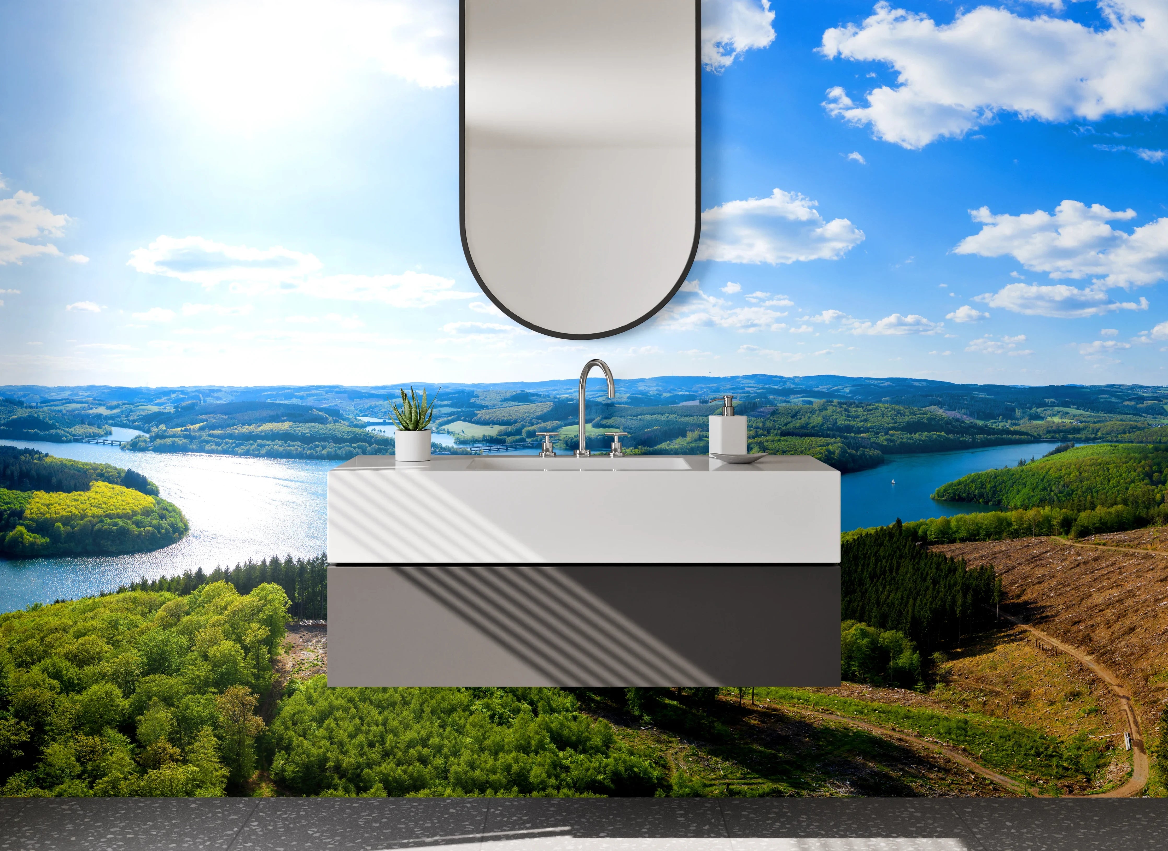 Waschbecken-Rückwand - Weiße Wasserwelt mit Grautönen