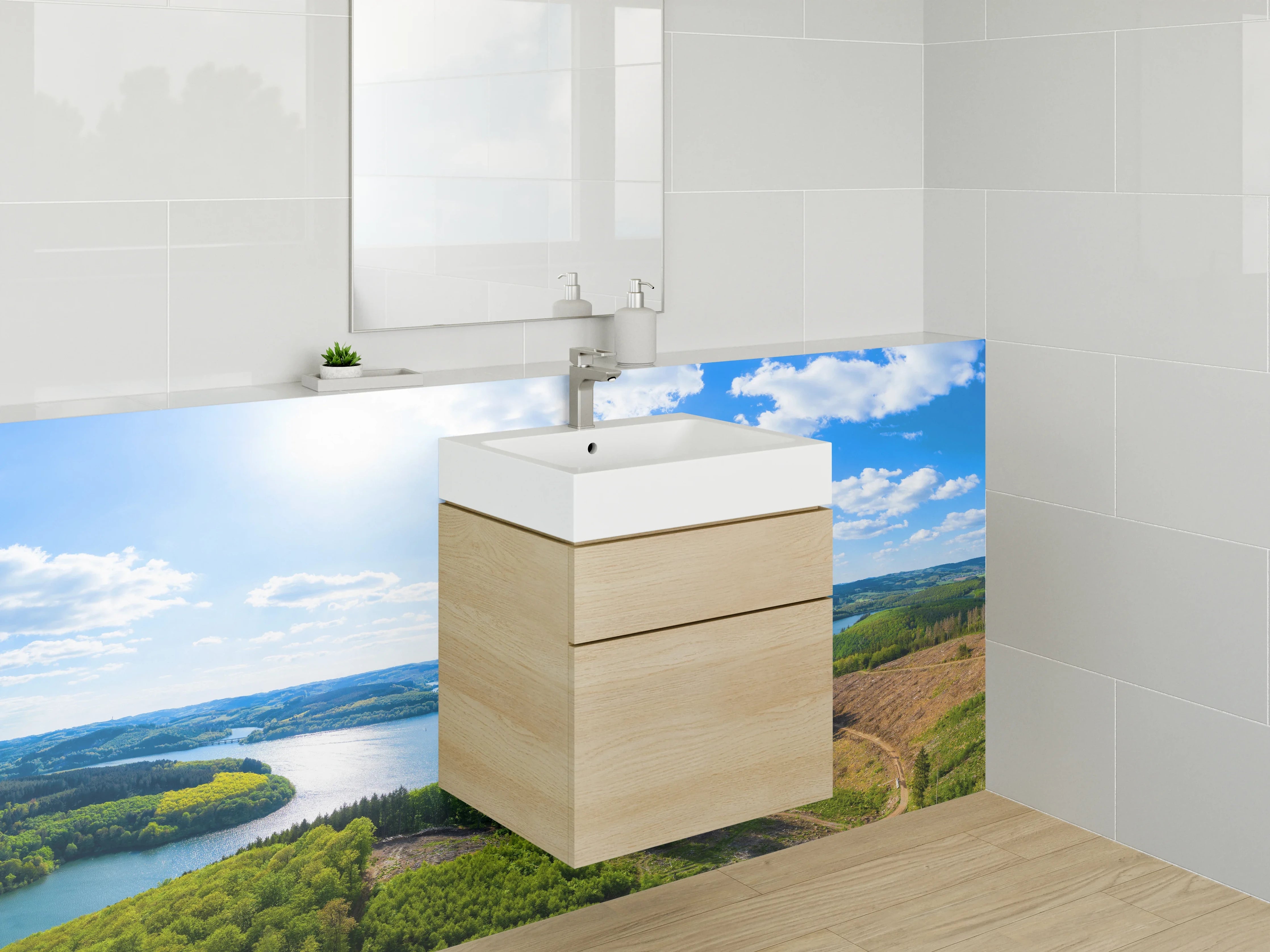 Waschbecken-Rückwand - Weiße Wasserwelt mit Grautönen