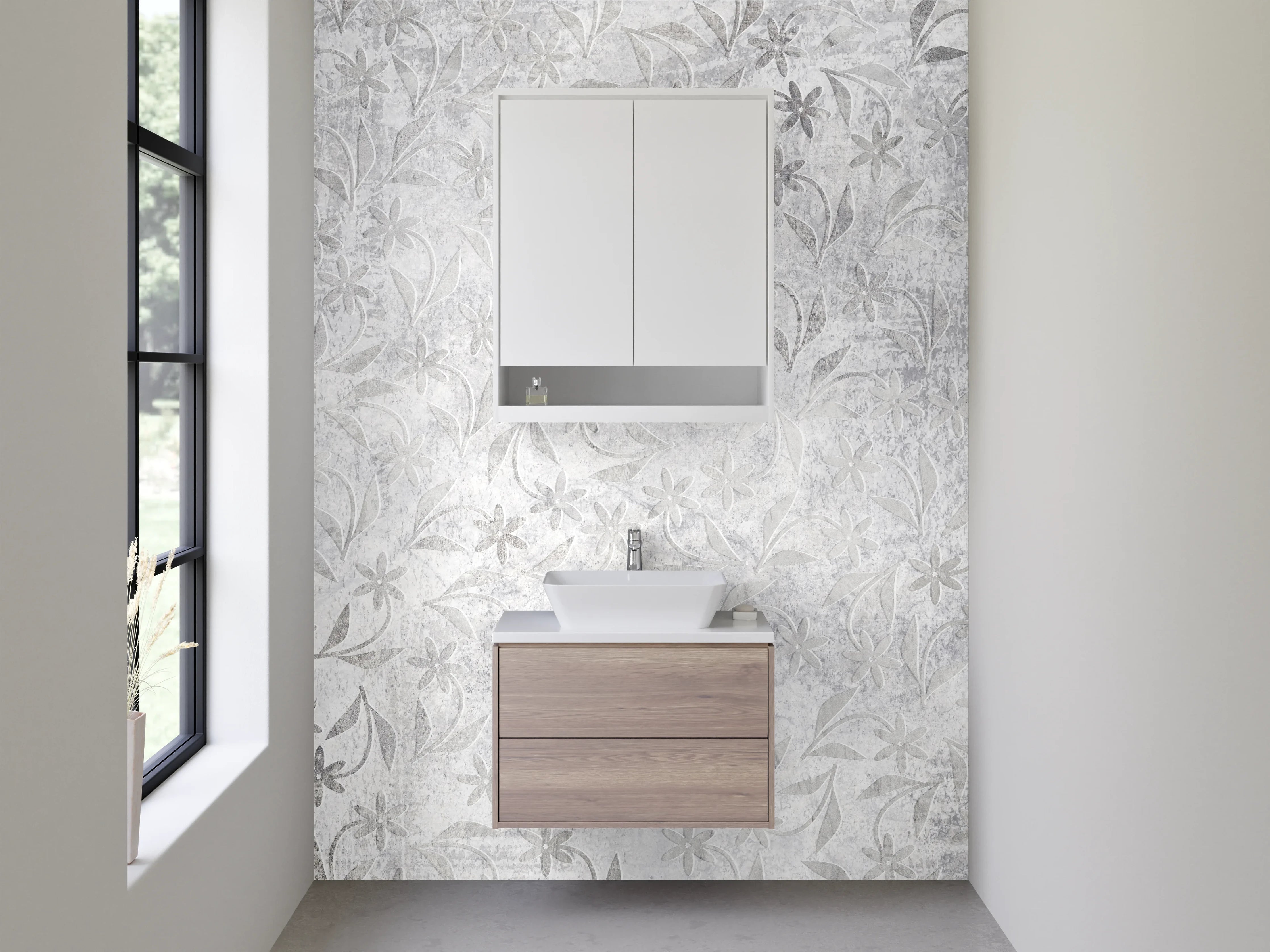 Waschbecken-Rückwand - Weiße florale Ornamentik auf Steinoptik