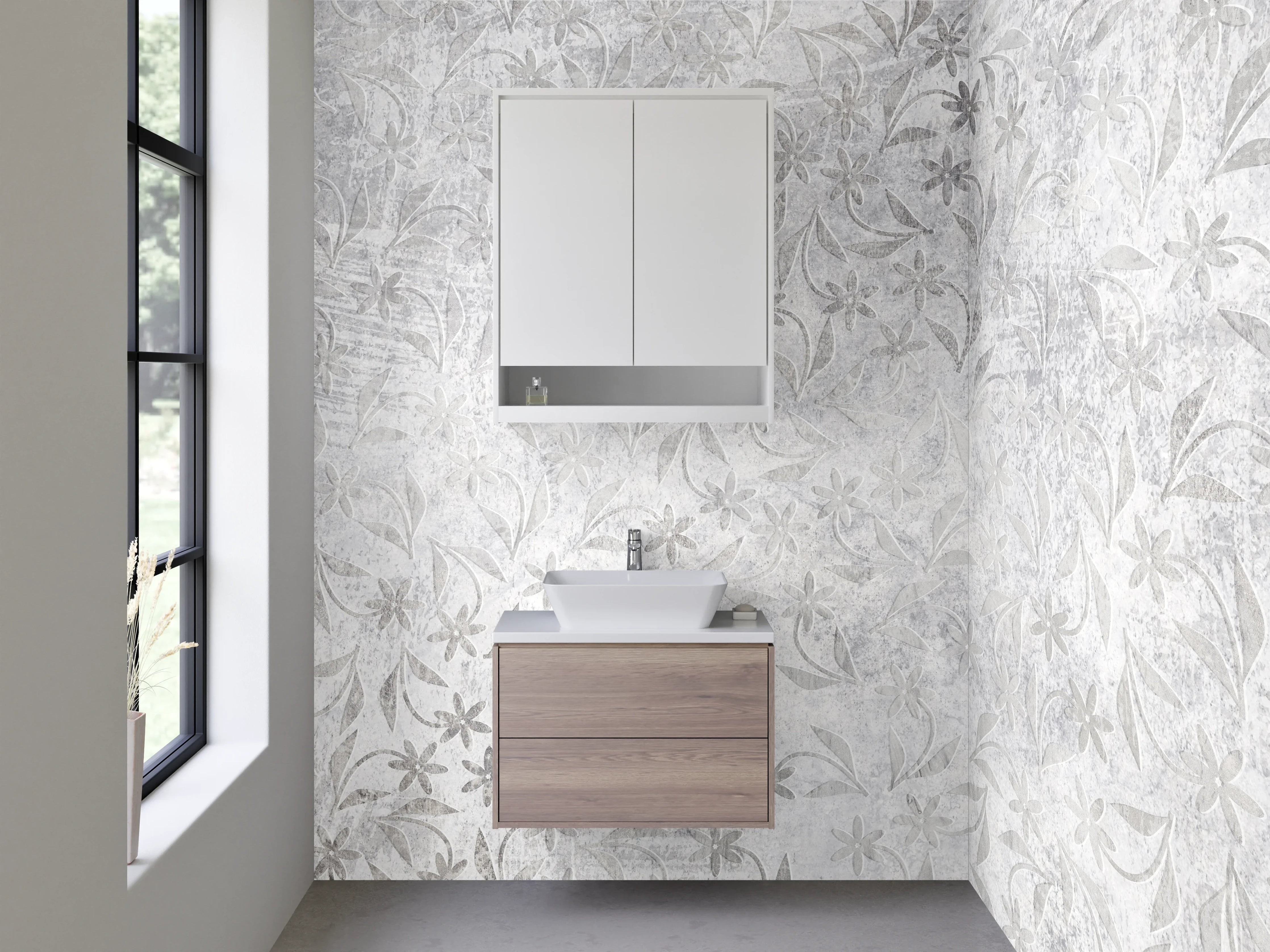 Waschbecken-Rückwand - Weiße florale Ornamentik auf Steinoptik