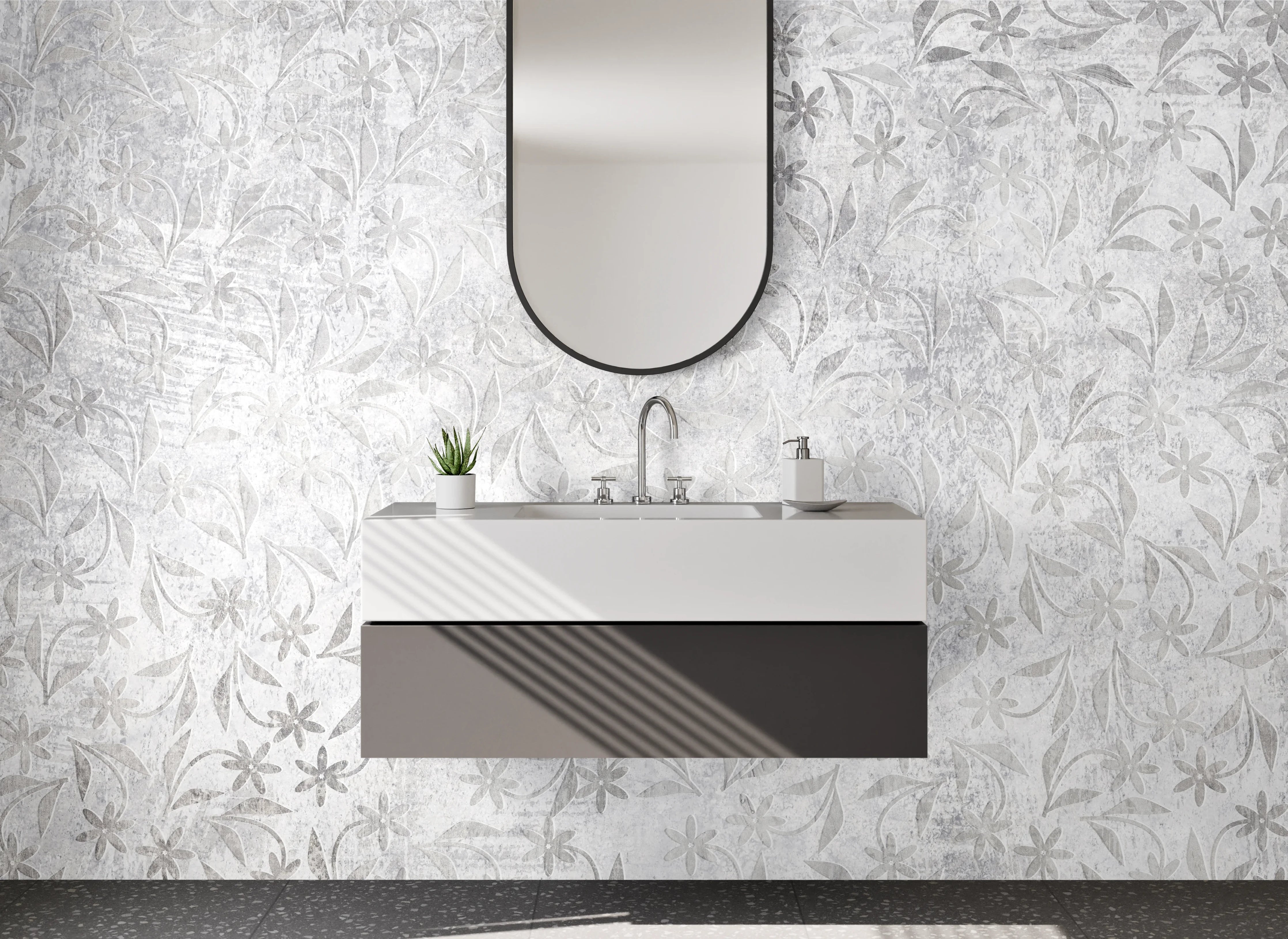 Waschbecken-Rückwand - Weiße florale Ornamentik auf Steinoptik