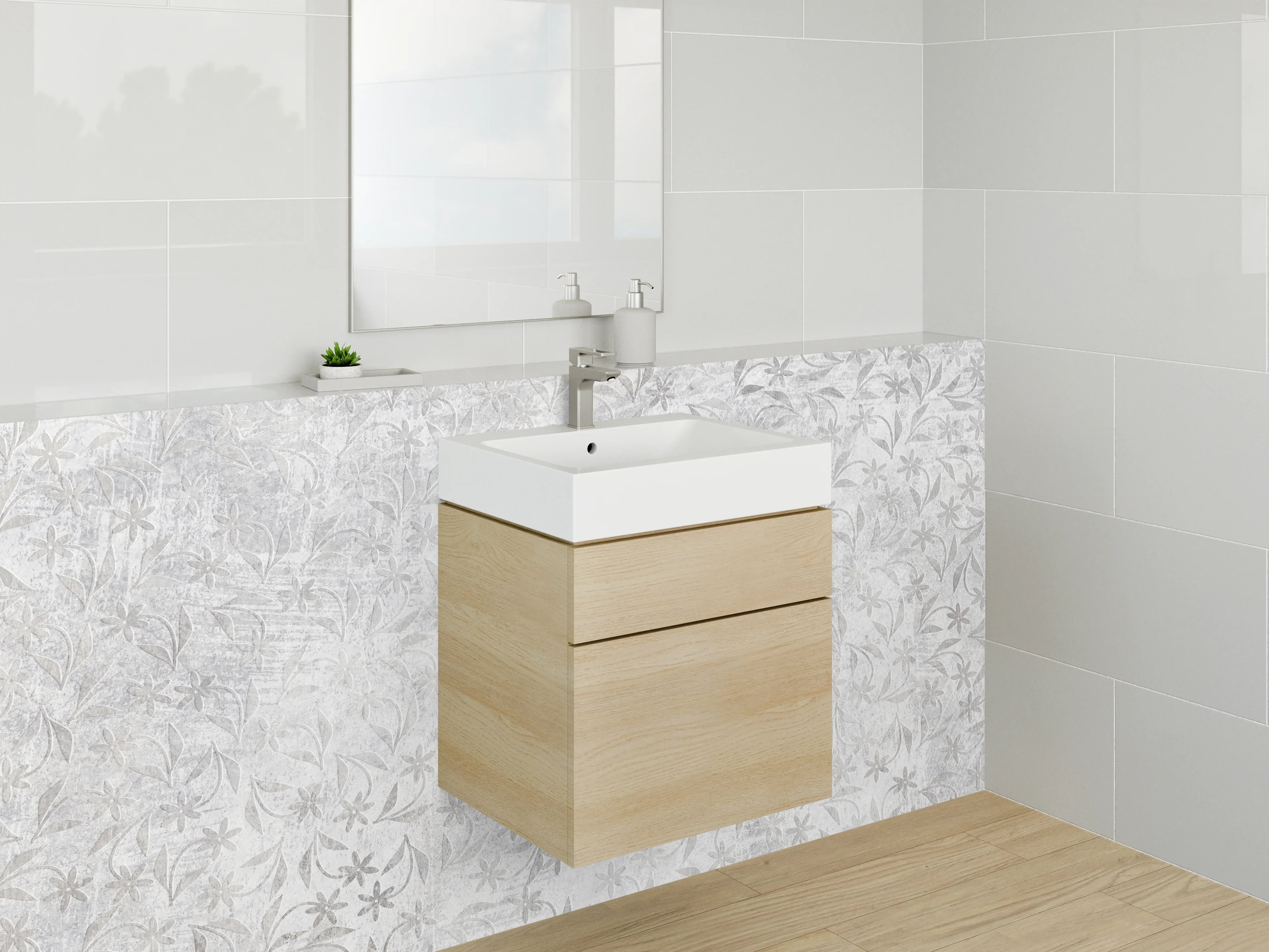 Waschbecken-Rückwand - Weiße florale Ornamentik auf Steinoptik