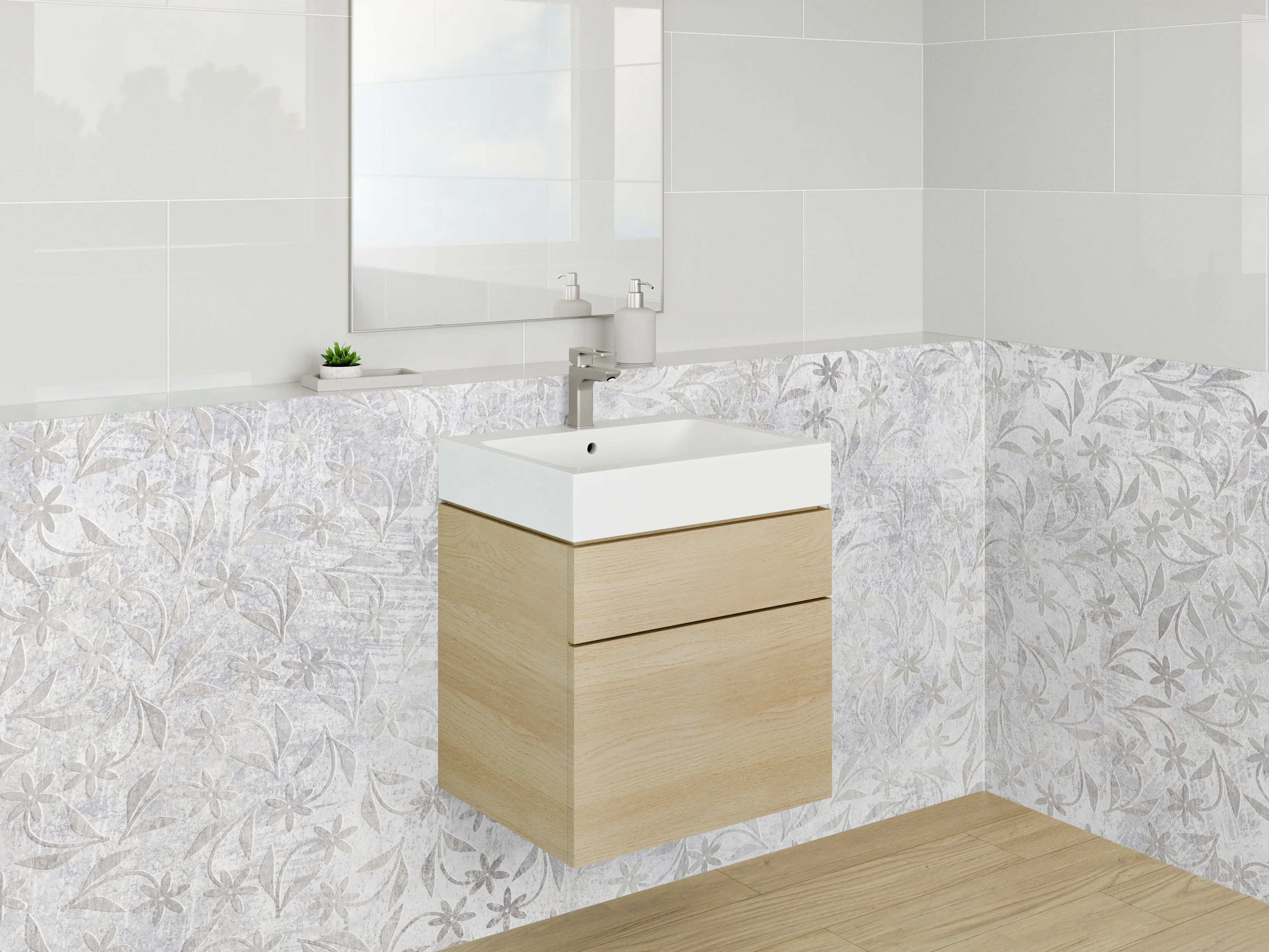Waschbecken-Rückwand - Weiße florale Ornamentik auf Steinoptik