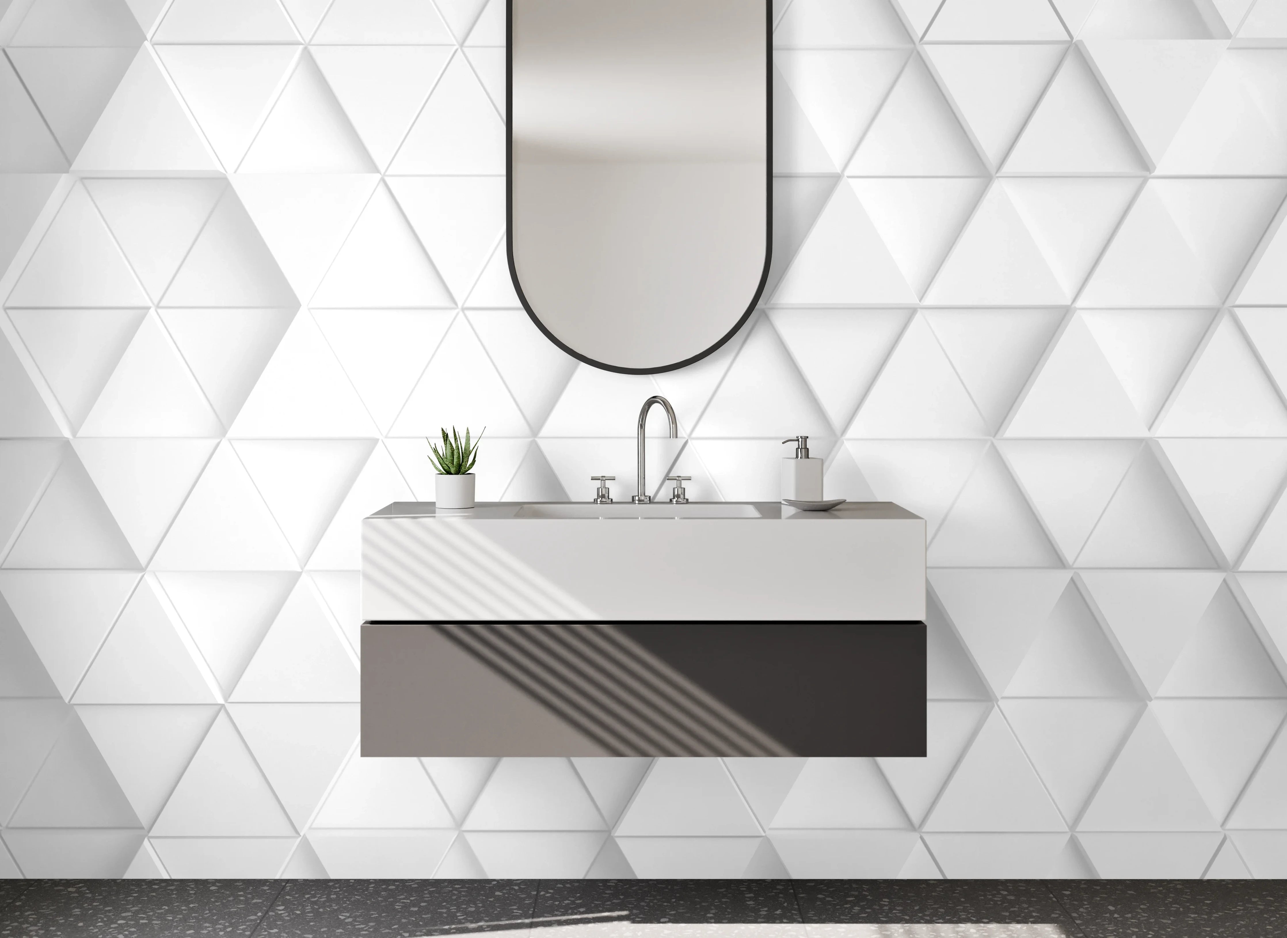 Waschbecken-Rückwand - Weiße geometrische 3D-Kachelmuster