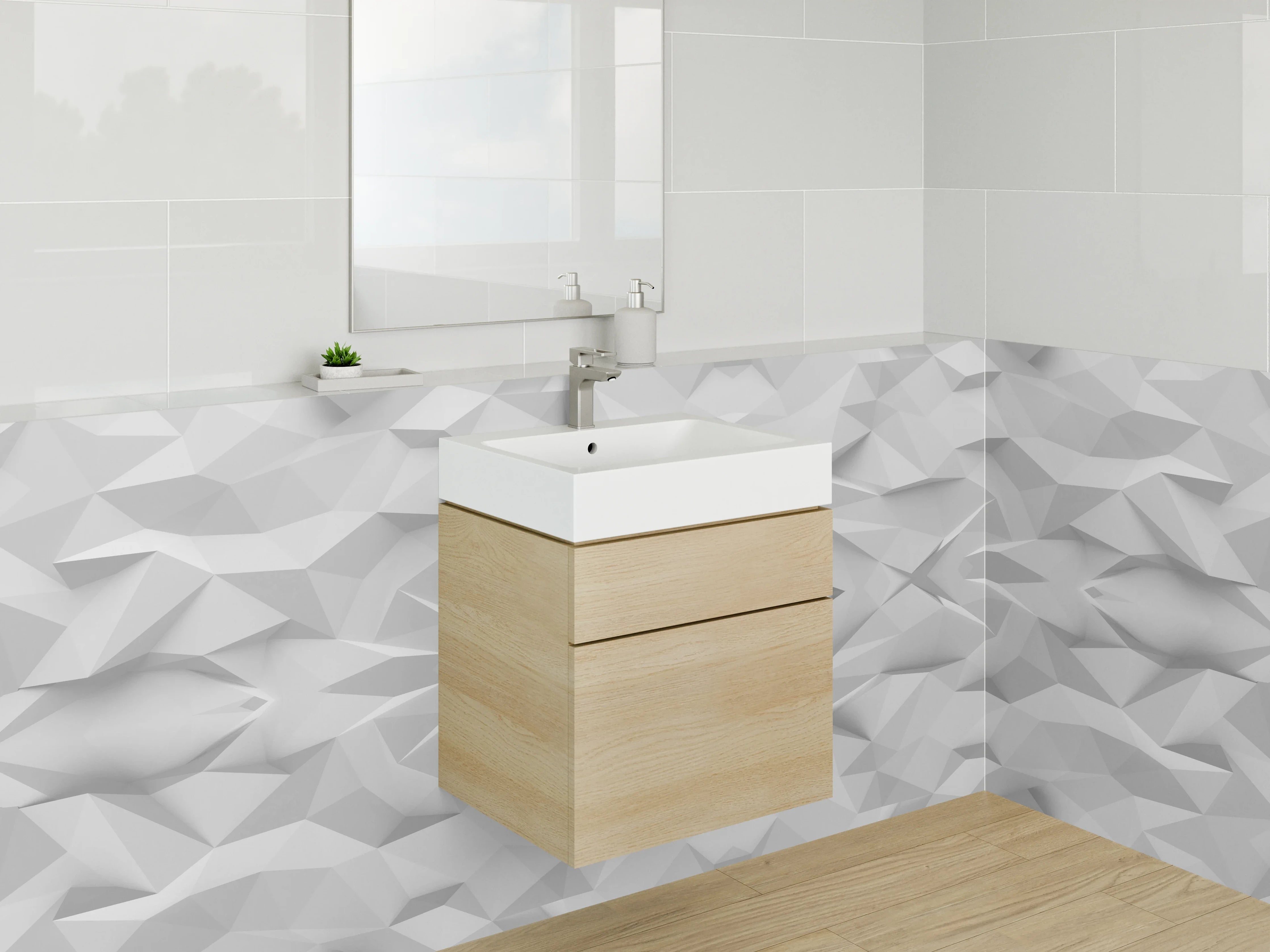 Waschbecken-Rückwand - Weiße geometrische 3D-Polygon Struktur