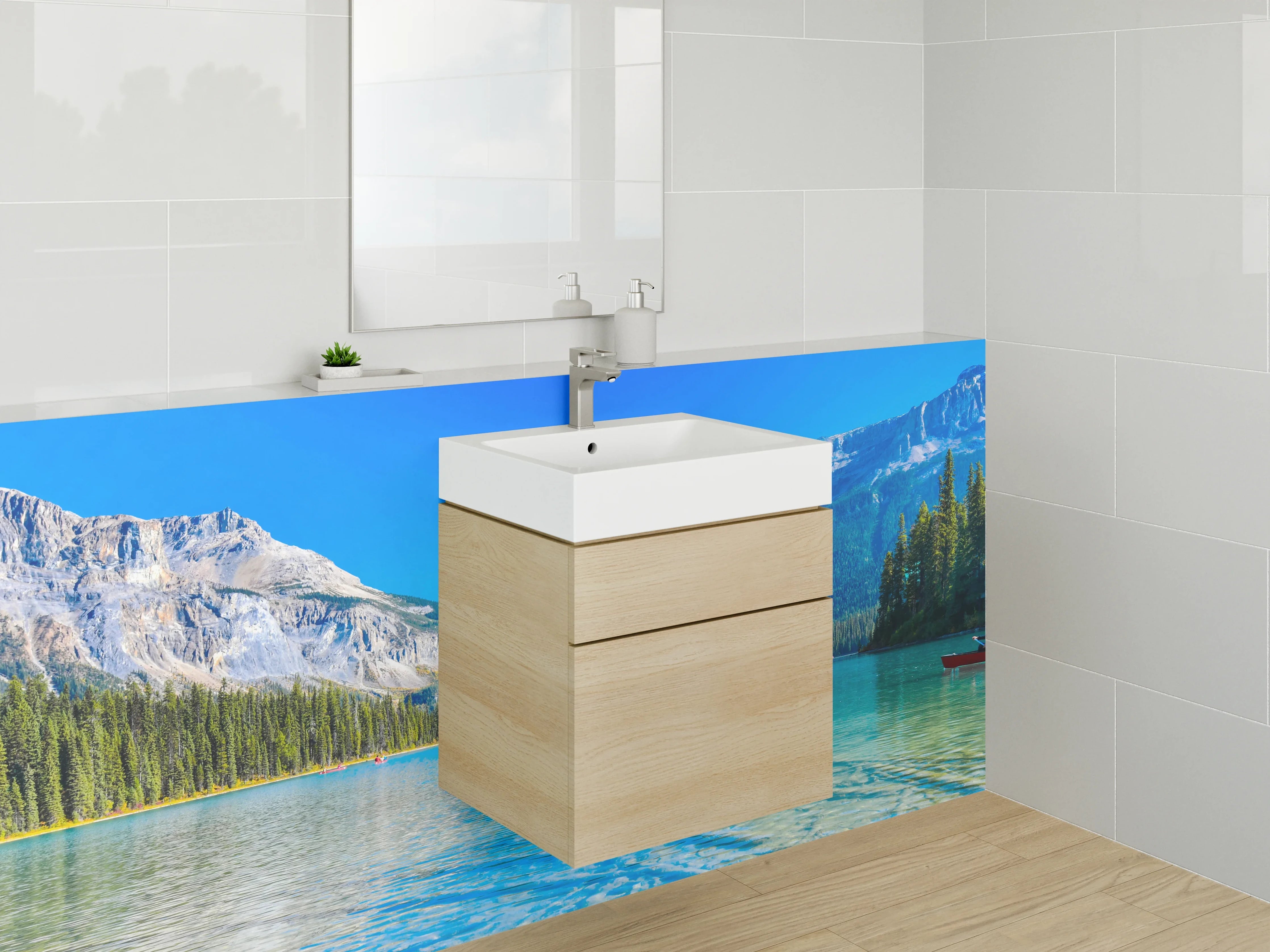 Waschbecken-Rückwand - Weiße, alpine Bergkulisse mit See und Wald