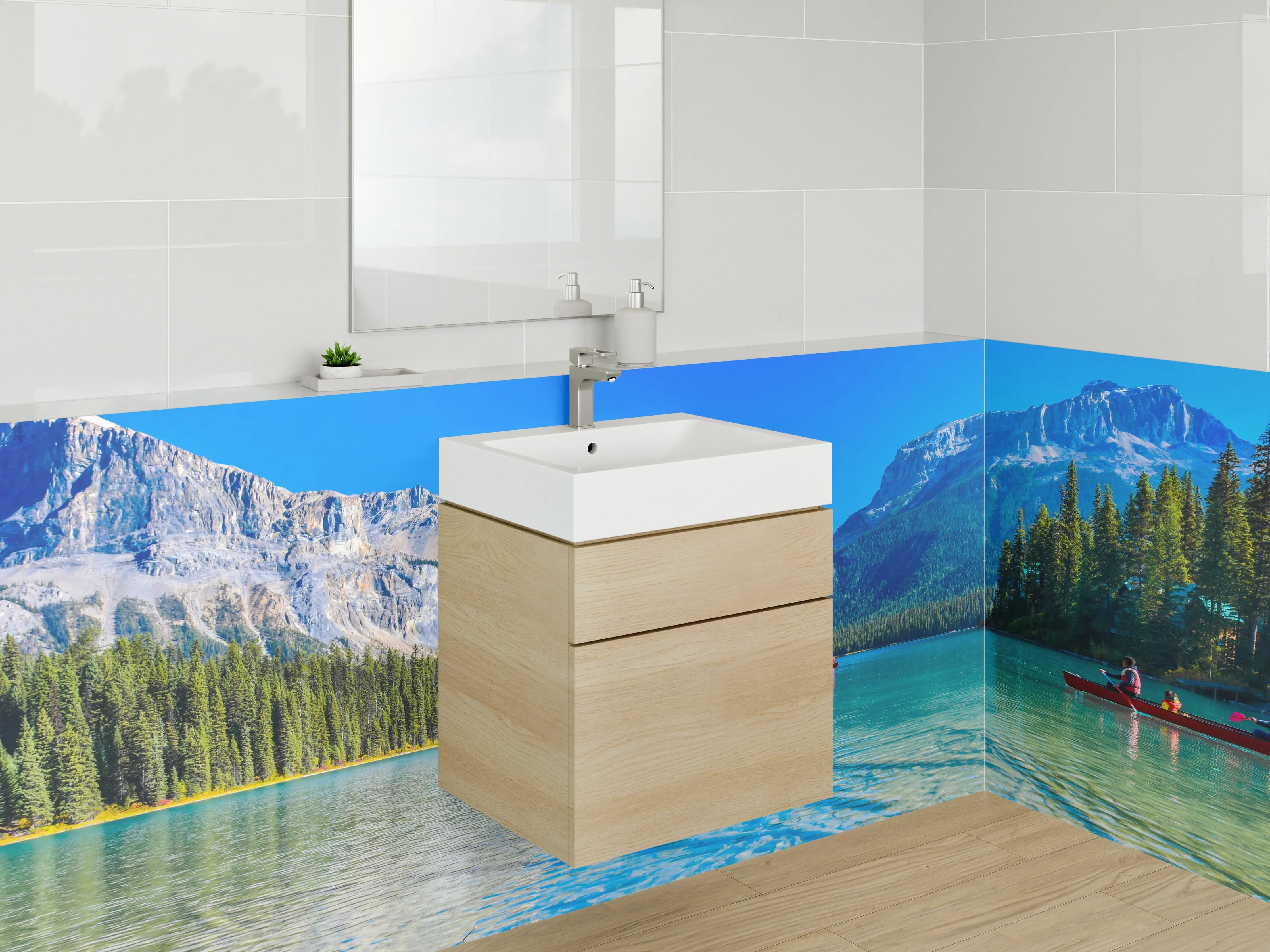 Waschbecken-Rückwand - Weiße, alpine Bergkulisse mit See und Wald