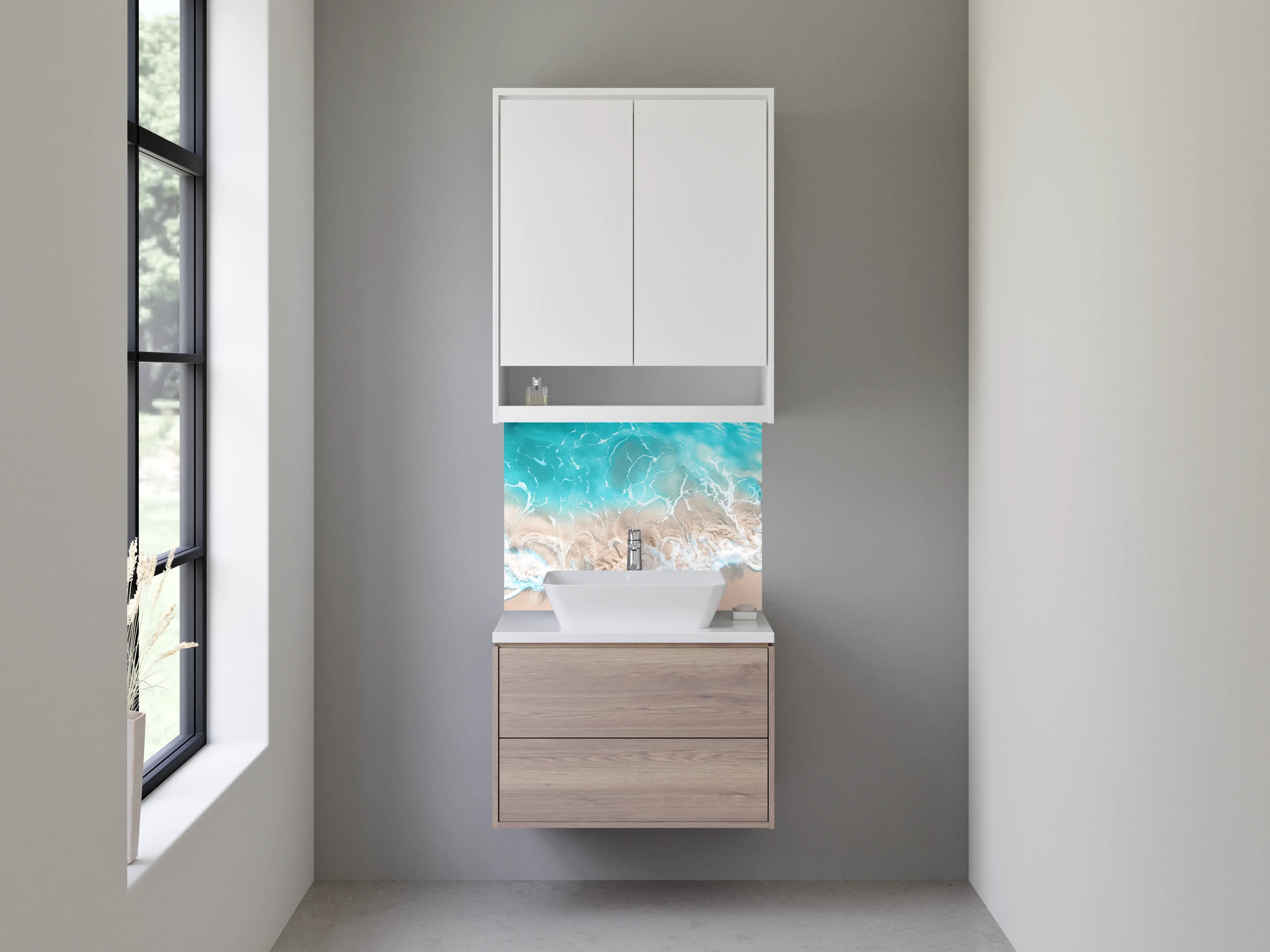 Waschbecken-Rückwand - Weiße, elegante Wasserwand