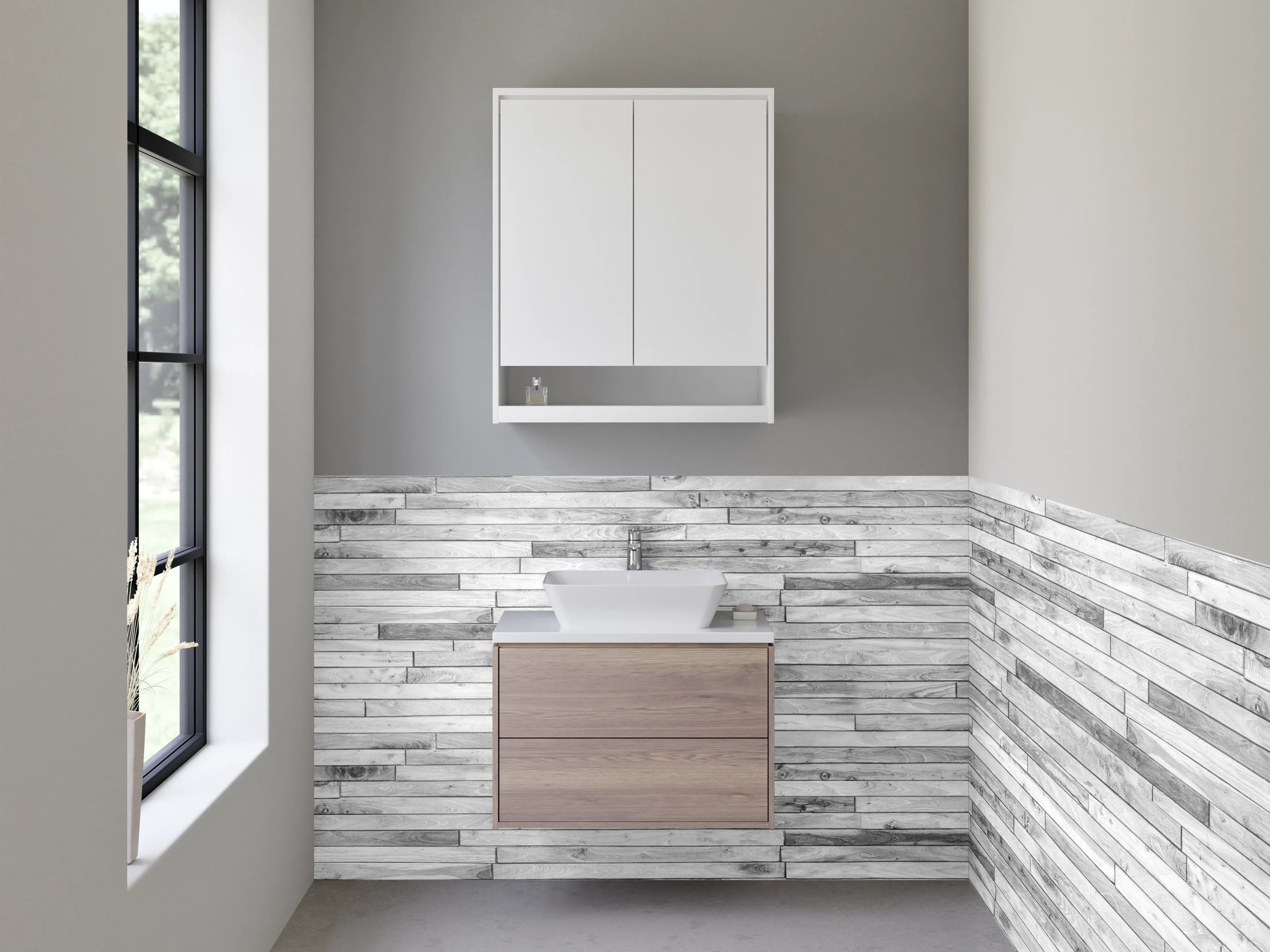 Waschbecken-Rückwand - Weißer Beton mit grauer Maserung