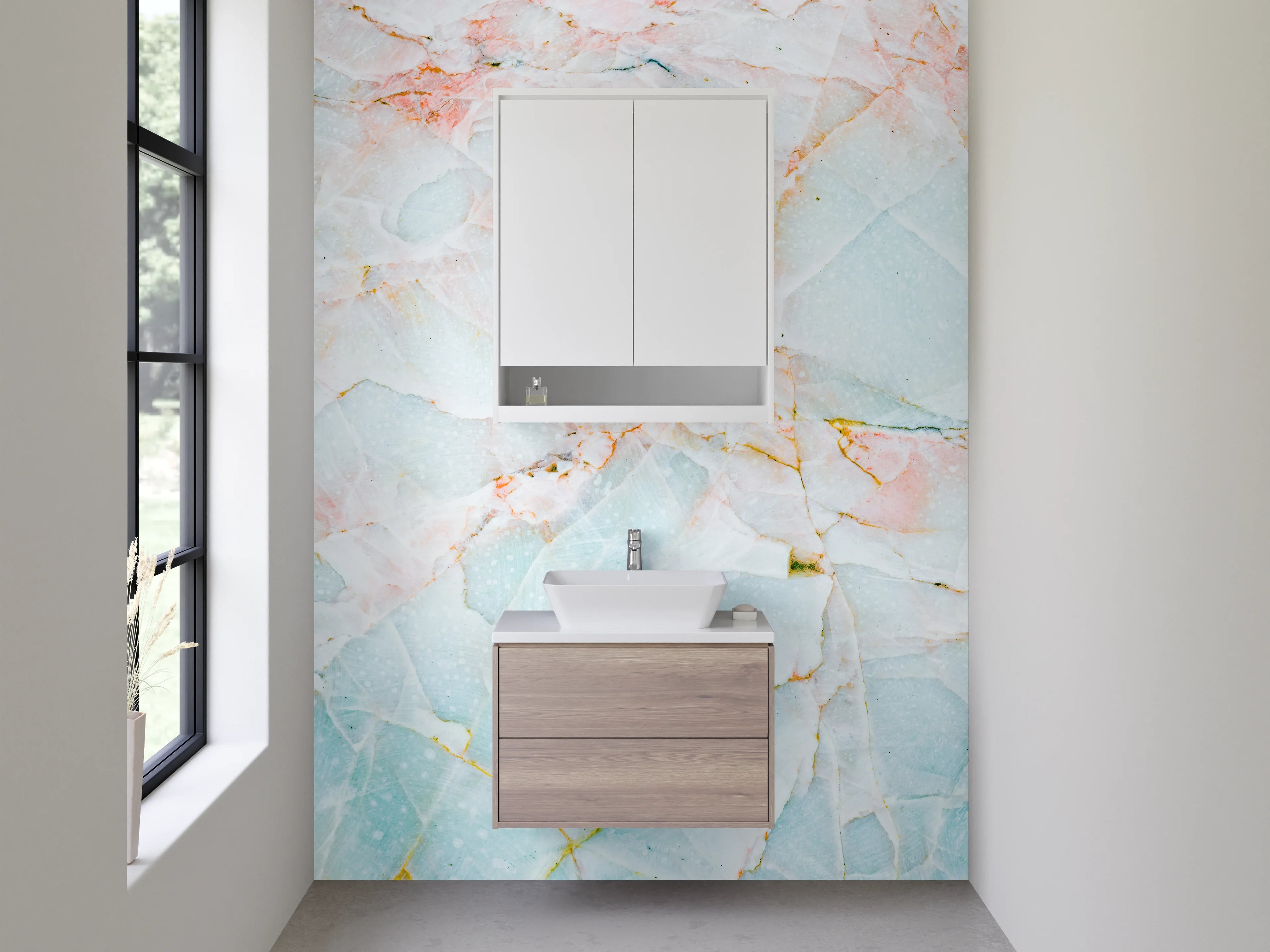 Waschbecken-Rückwand - Weißer Marmor mit Pastell-Akzenten