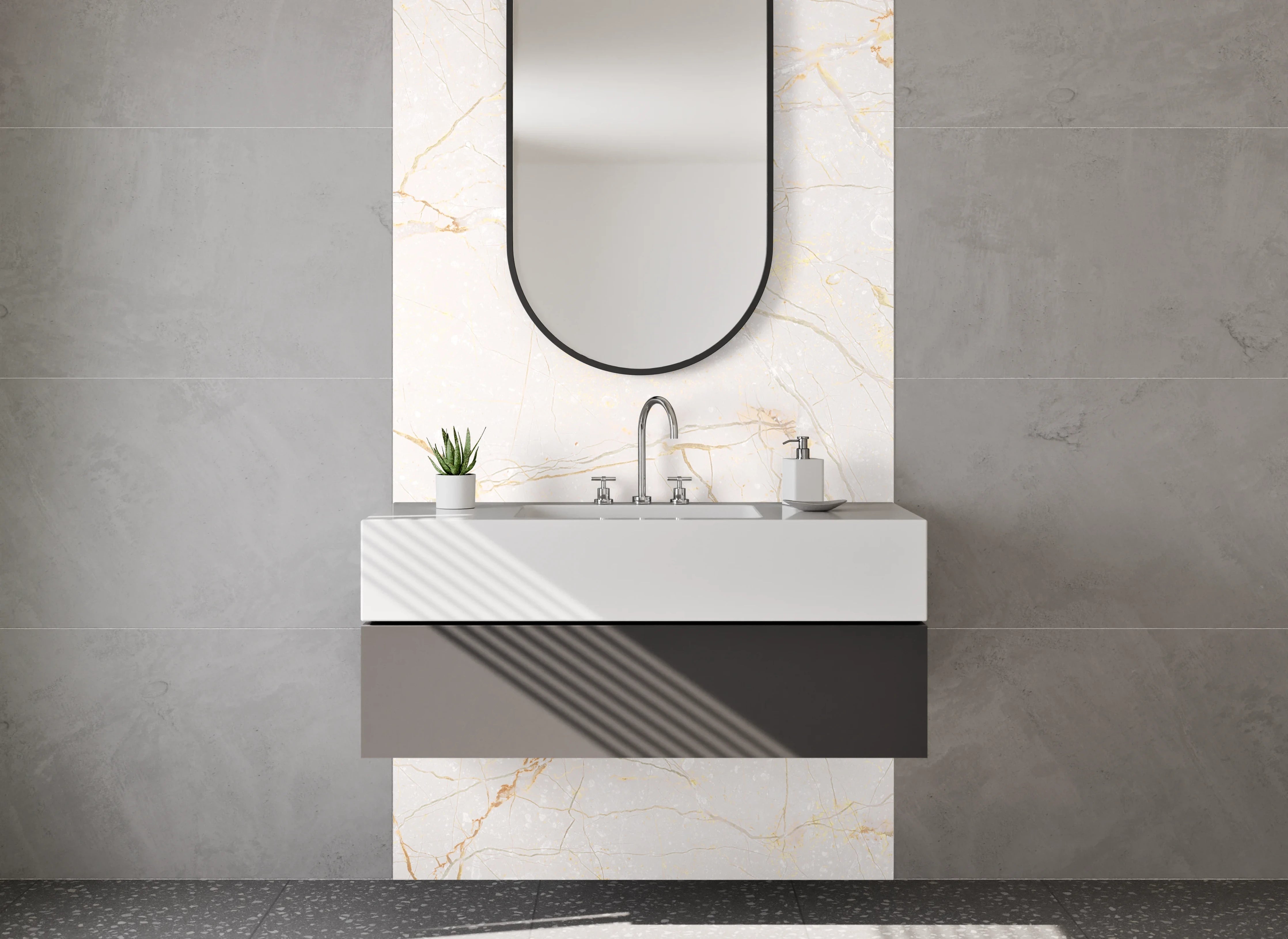 Waschbecken-Rückwand - Weißer Marmor mit feinen Goldadern