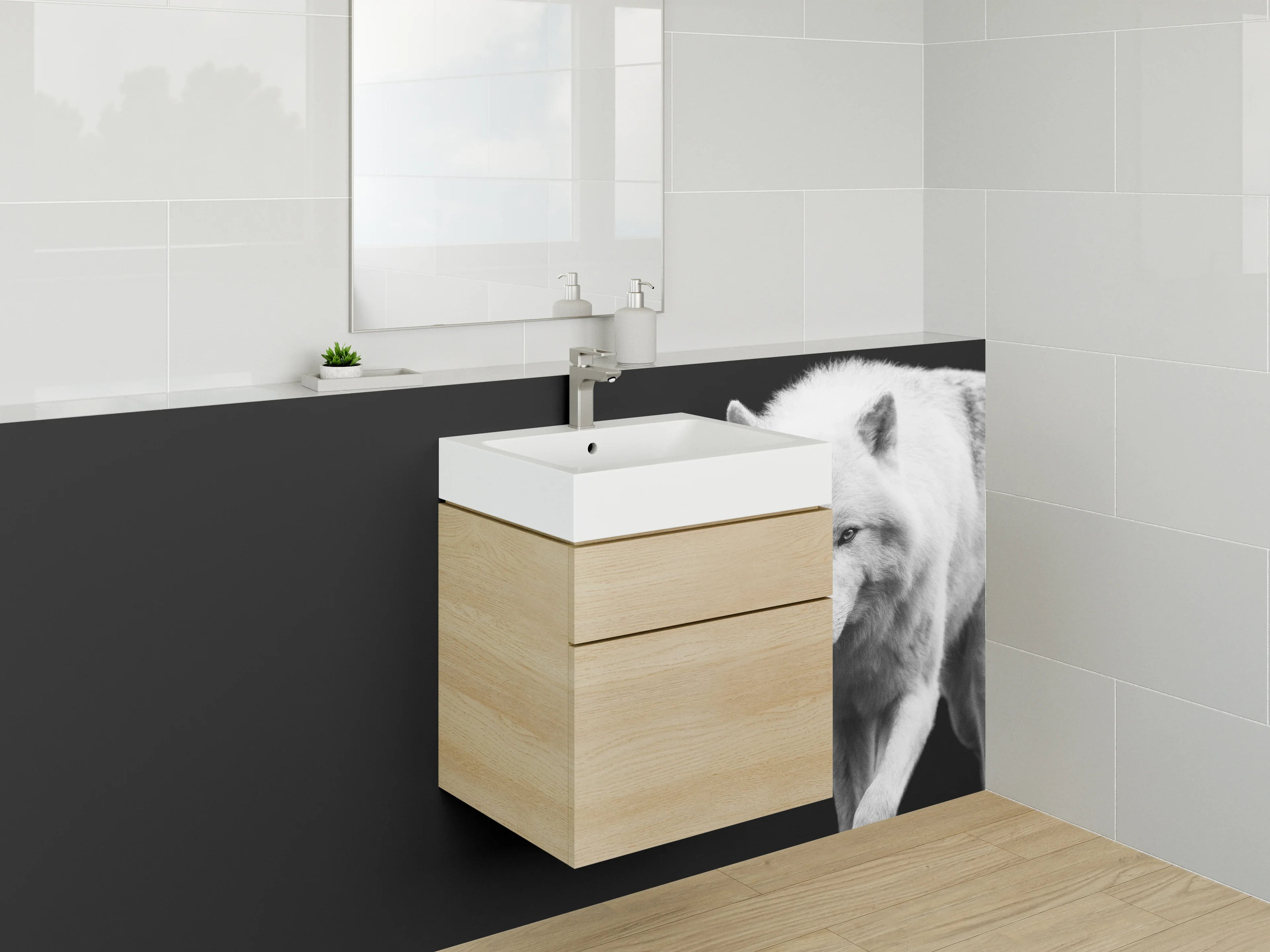 Waschbecken-Rückwand - Weißer Wolf Schwarz-Weiß Motiv