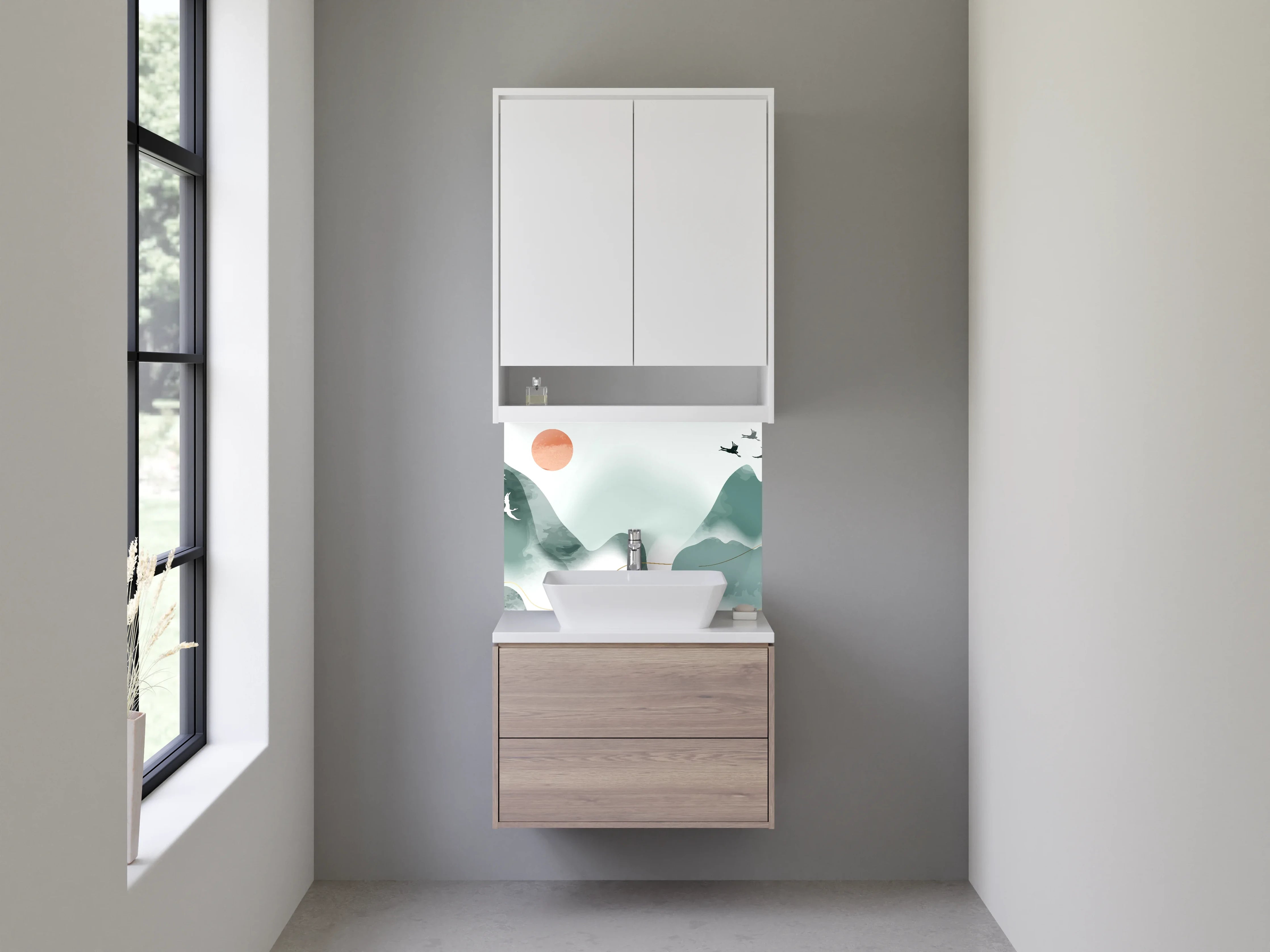 Waschbecken-Rückwand - Weißes Bergpanorama mit grauen Vögeln