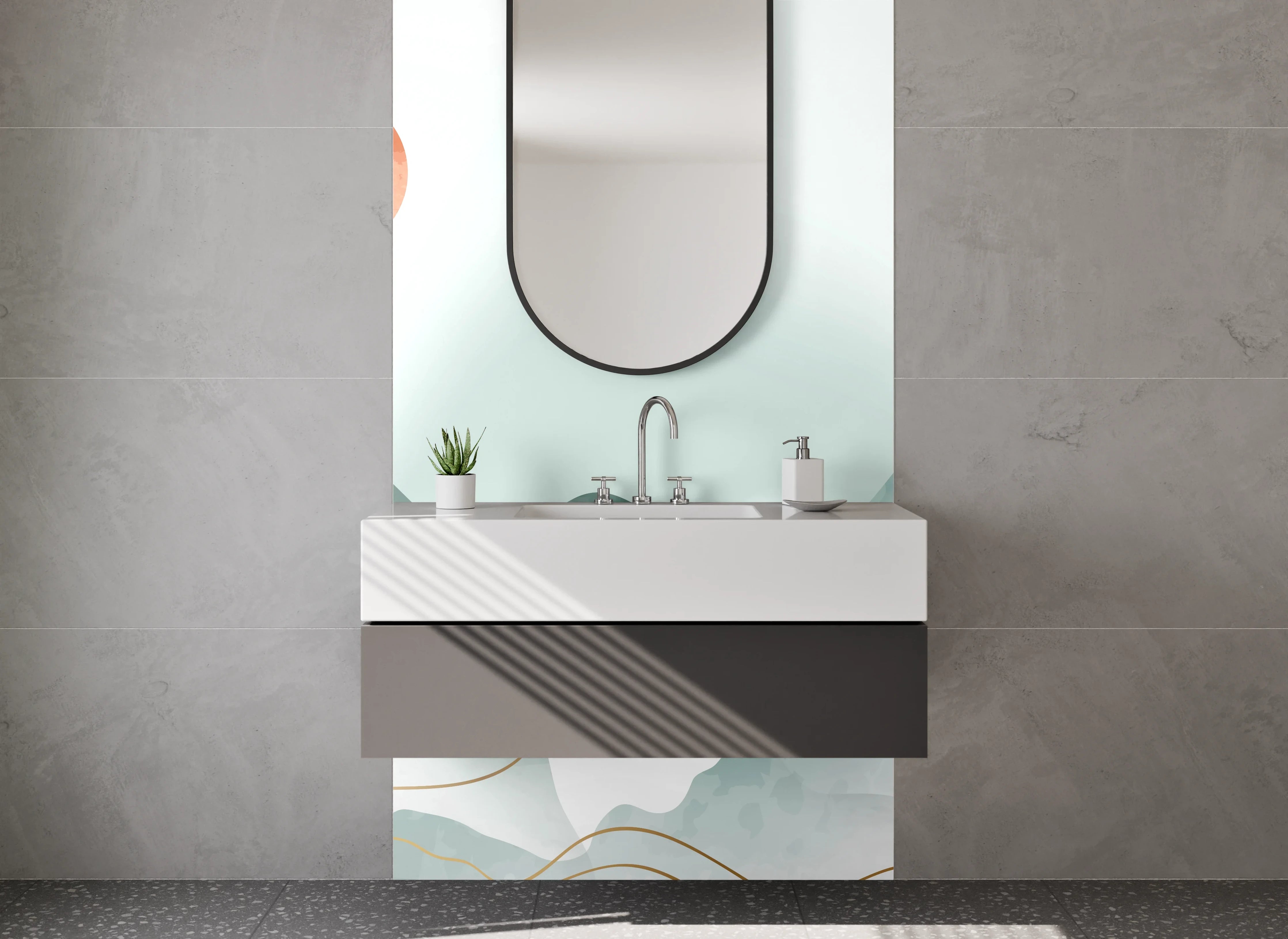 Waschbecken-Rückwand - Weißes Bergpanorama mit grauen Vögeln