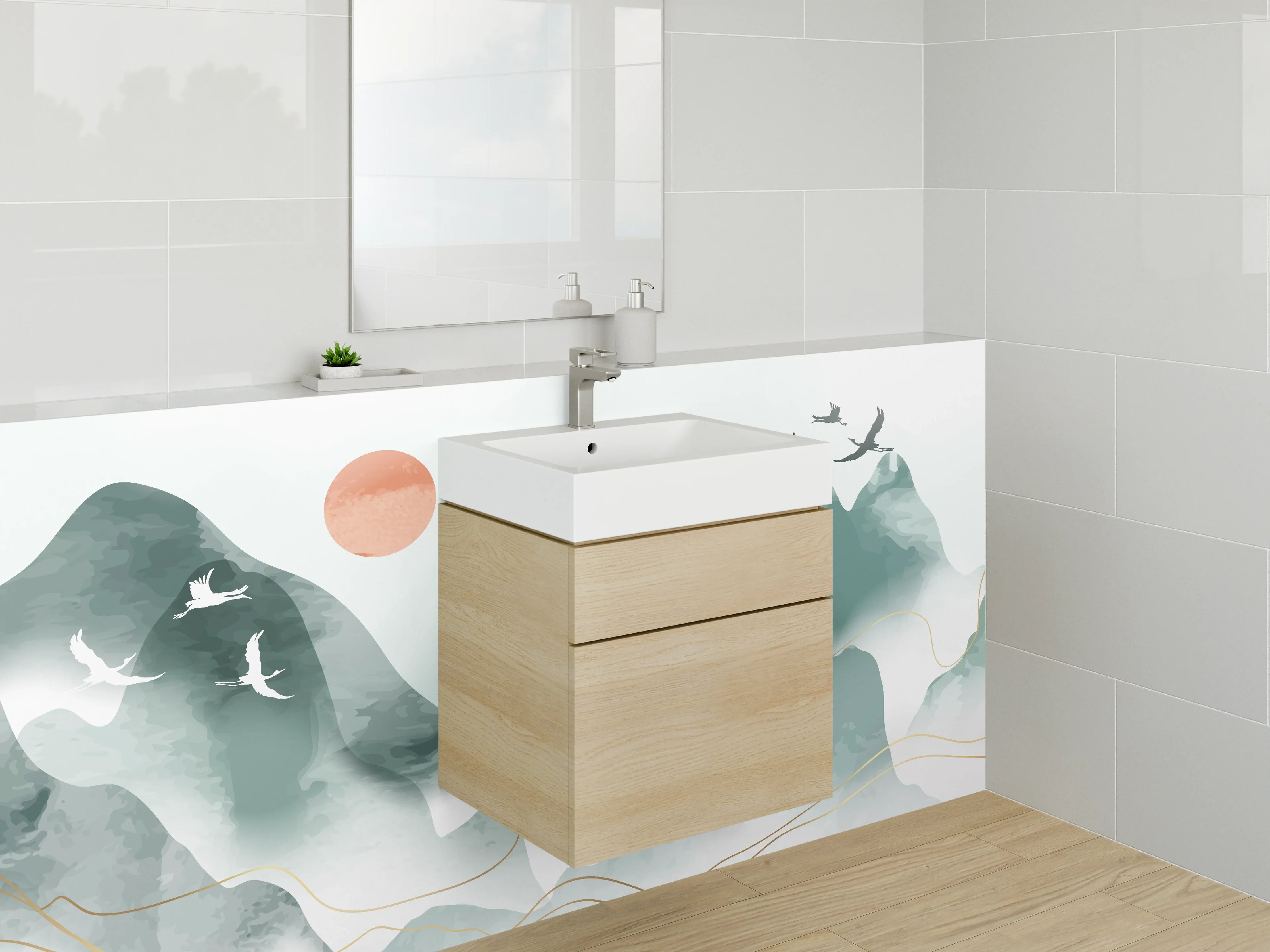 Waschbecken-Rückwand - Weißes Bergpanorama mit grauen Vögeln