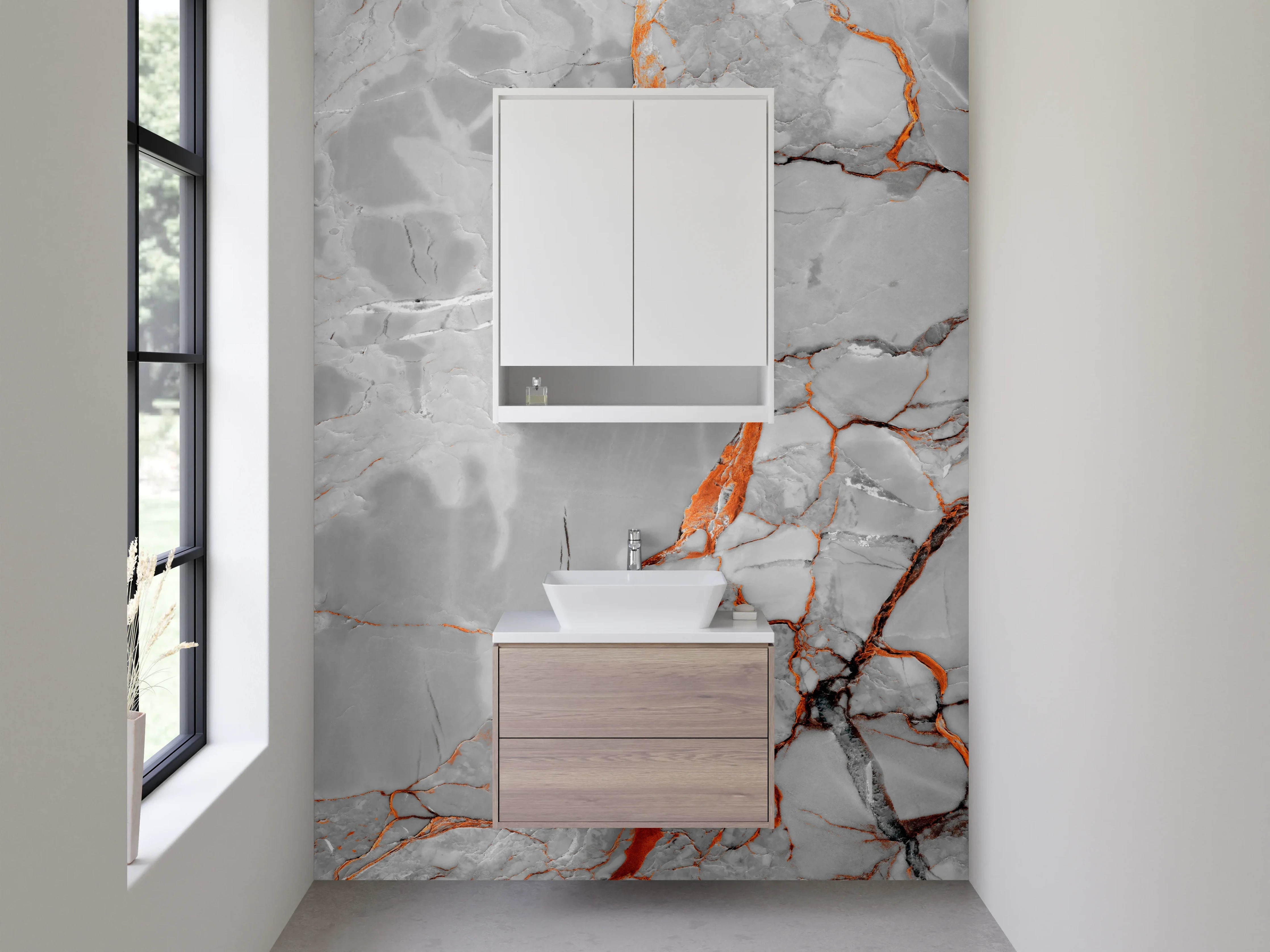 Waschbecken-Rückwand - Weißgrauer Marmor mit orangen Adern