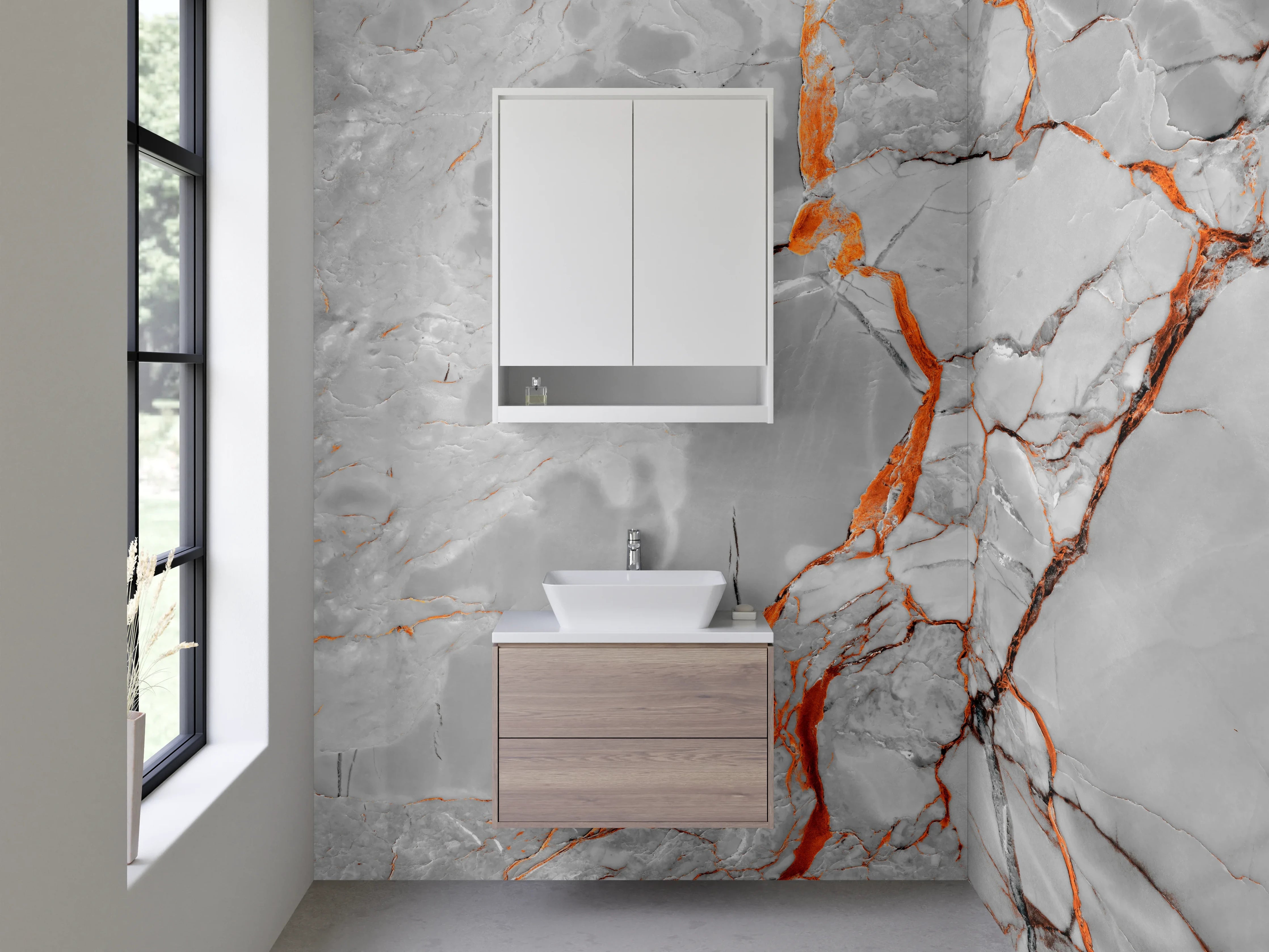 Waschbecken-Rückwand - Weißgrauer Marmor mit orangen Adern