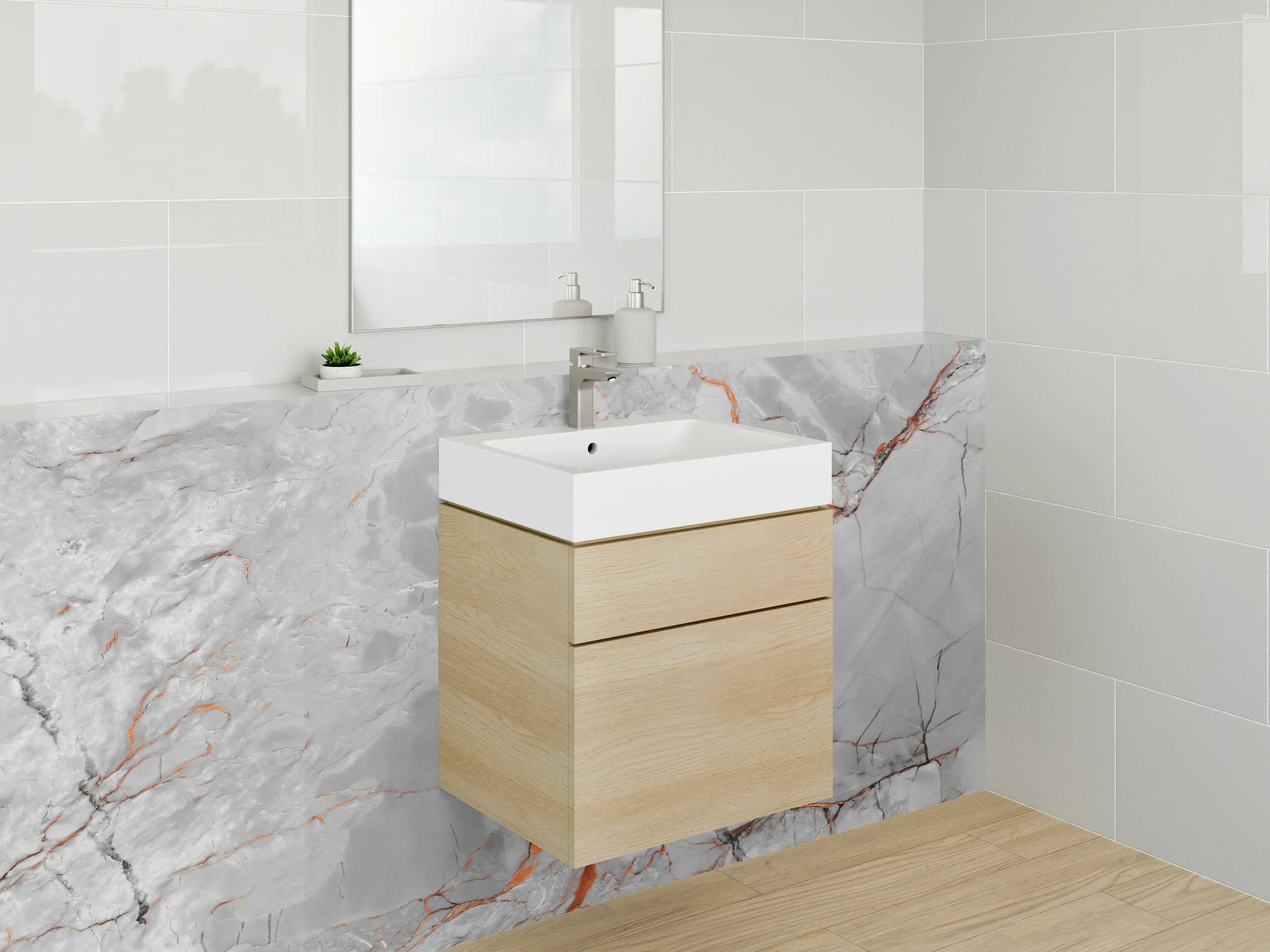 Waschbecken-Rückwand - Weißgrauer Marmor mit orangen Adern