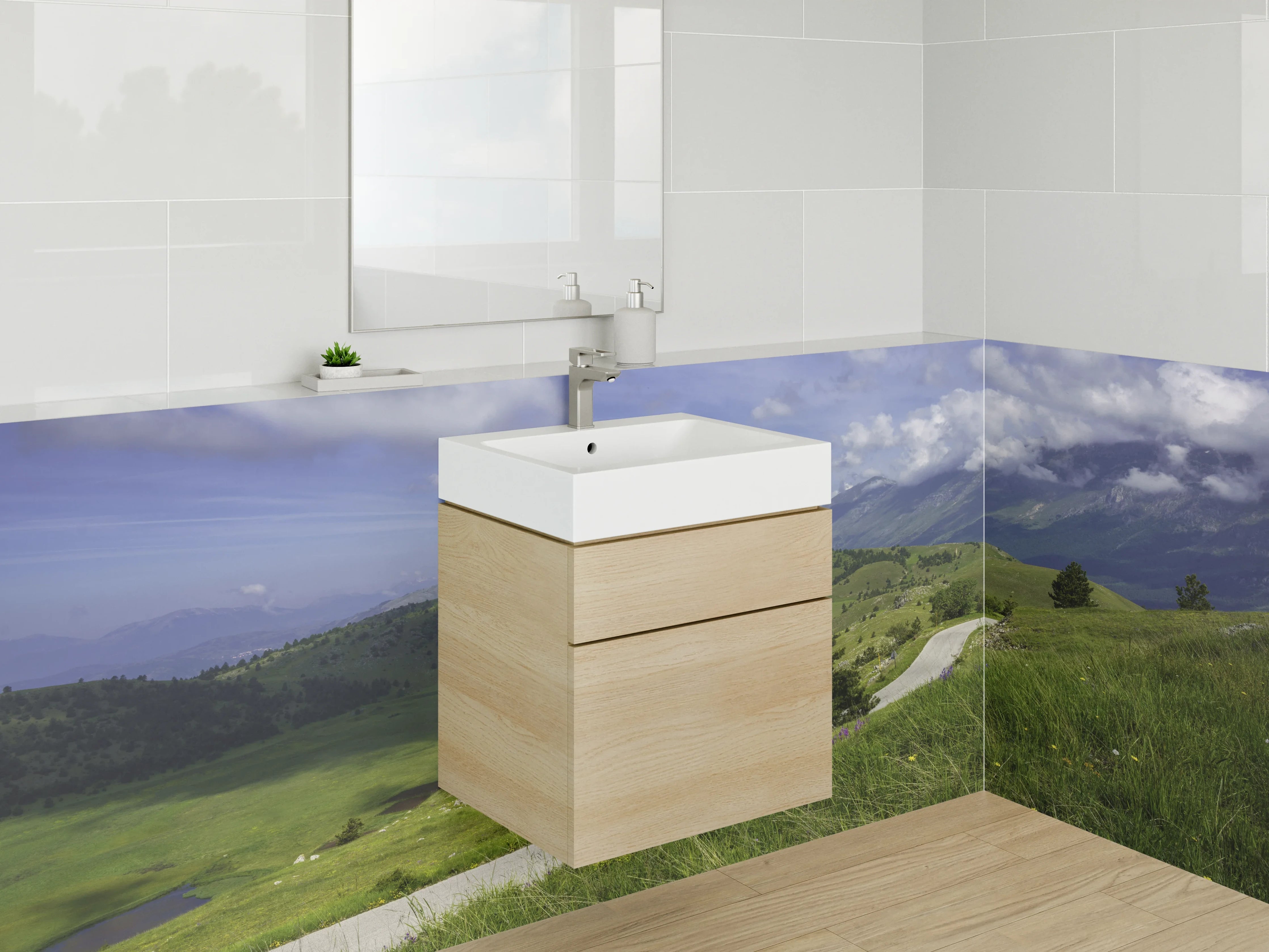 Waschbecken-Rückwand - Weite Berglandschaft mit Panoramaweg