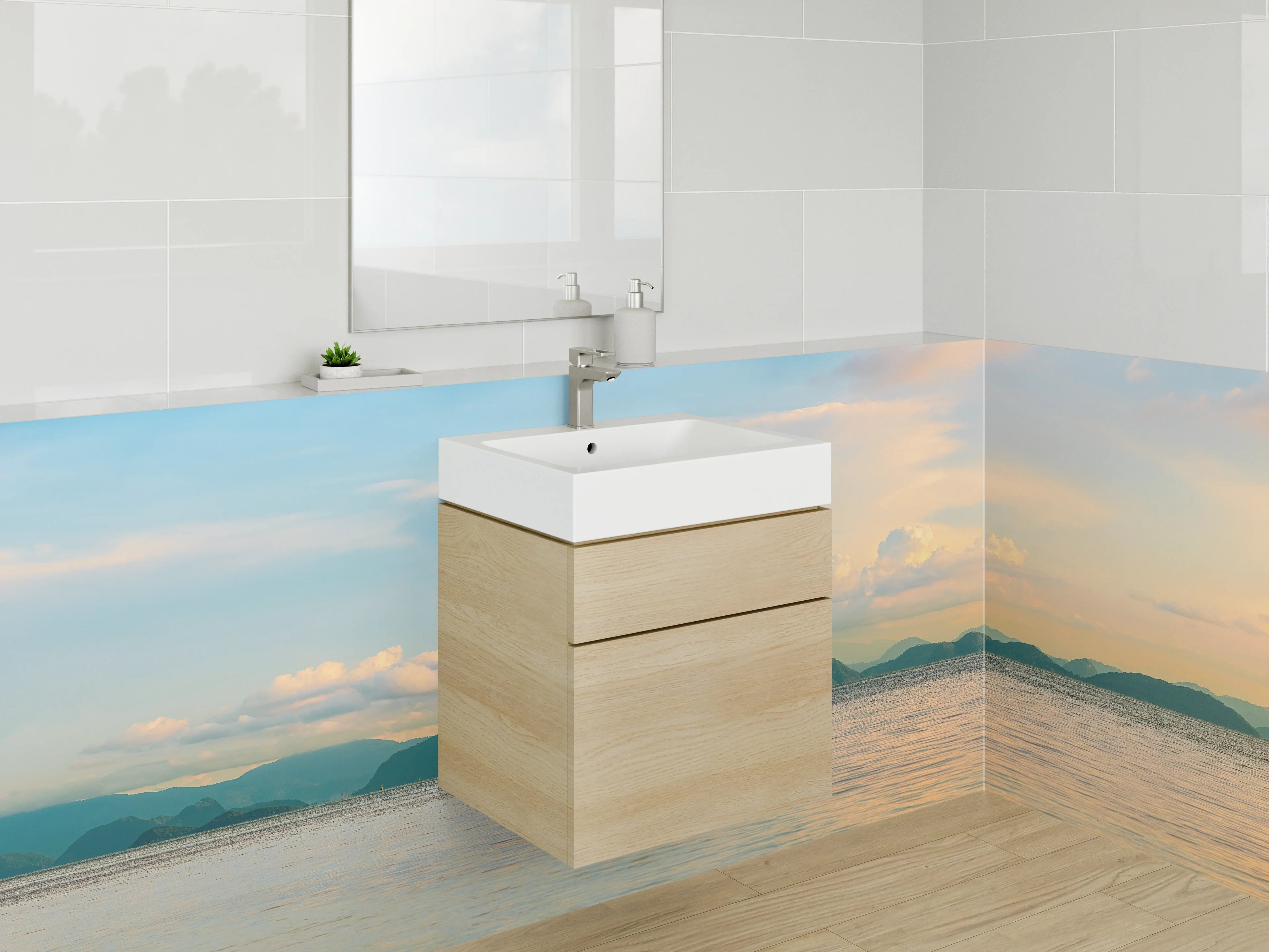 Waschbecken-Rückwand - Weite Insel-Landschaft am Morgenlicht